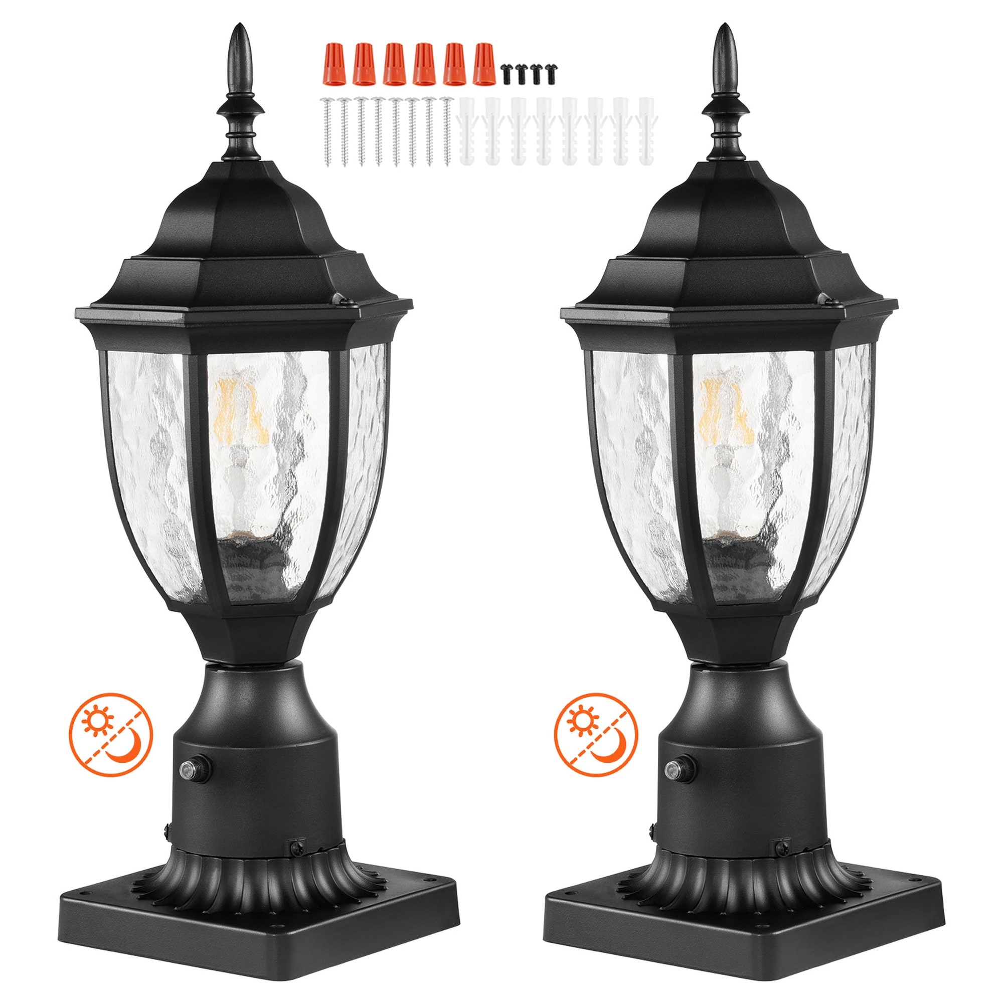 Angel Sar 2 Pack Dusk to Dawn Outdoor Post Light 15.35 in Waterproof Lamp Post Light Fixtures with 3.5 in Pier Mount Base Glass Shade Lightning Proof Exterior Pole Column Light for Patio Garden Pathway