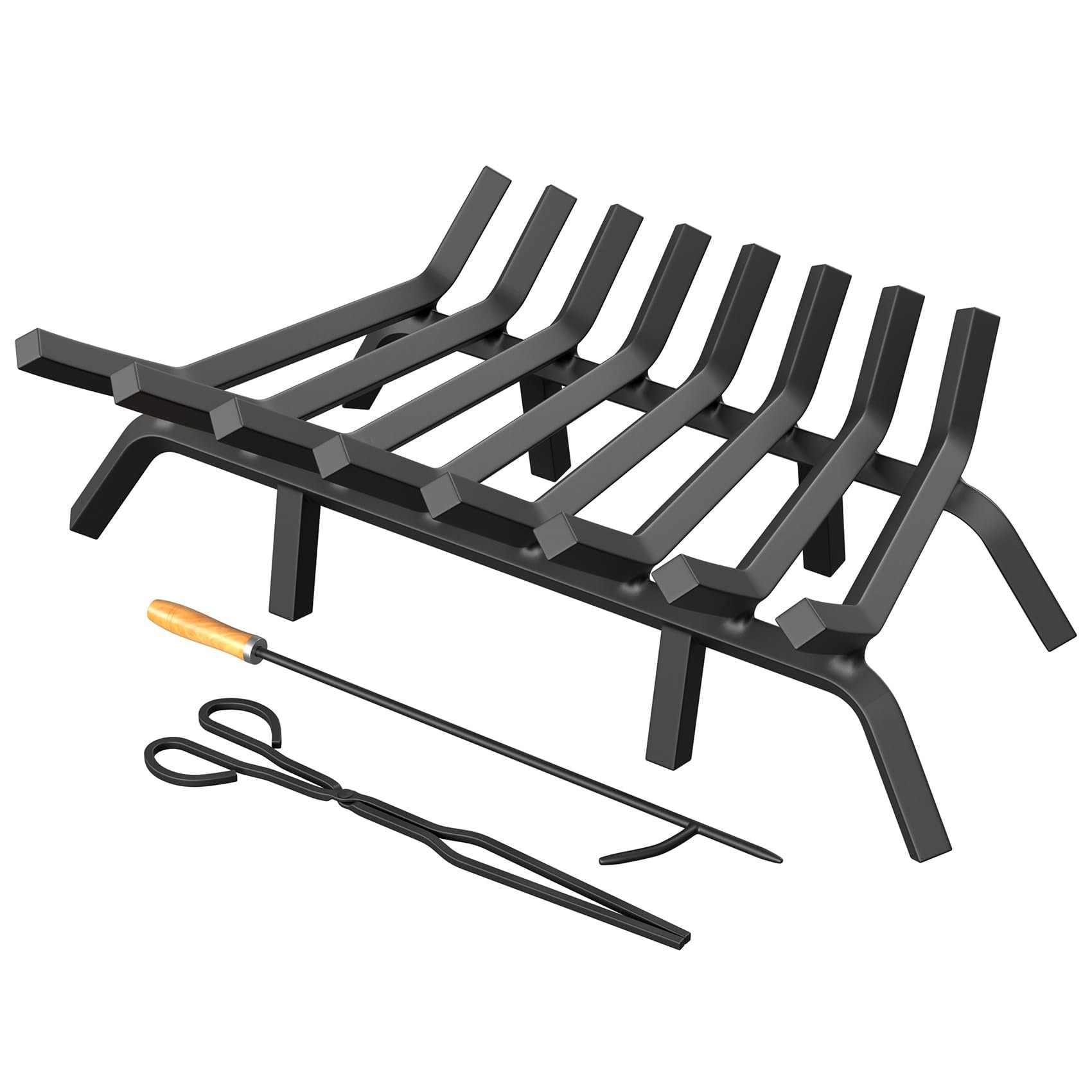 Misopily Fireplace Grate 30 Inch Solid Steel Log Holder with 8 Support Legs Includes Fire Log Tongs and Poker Set for Indoor and Outdoor Firepit #L05MS10017