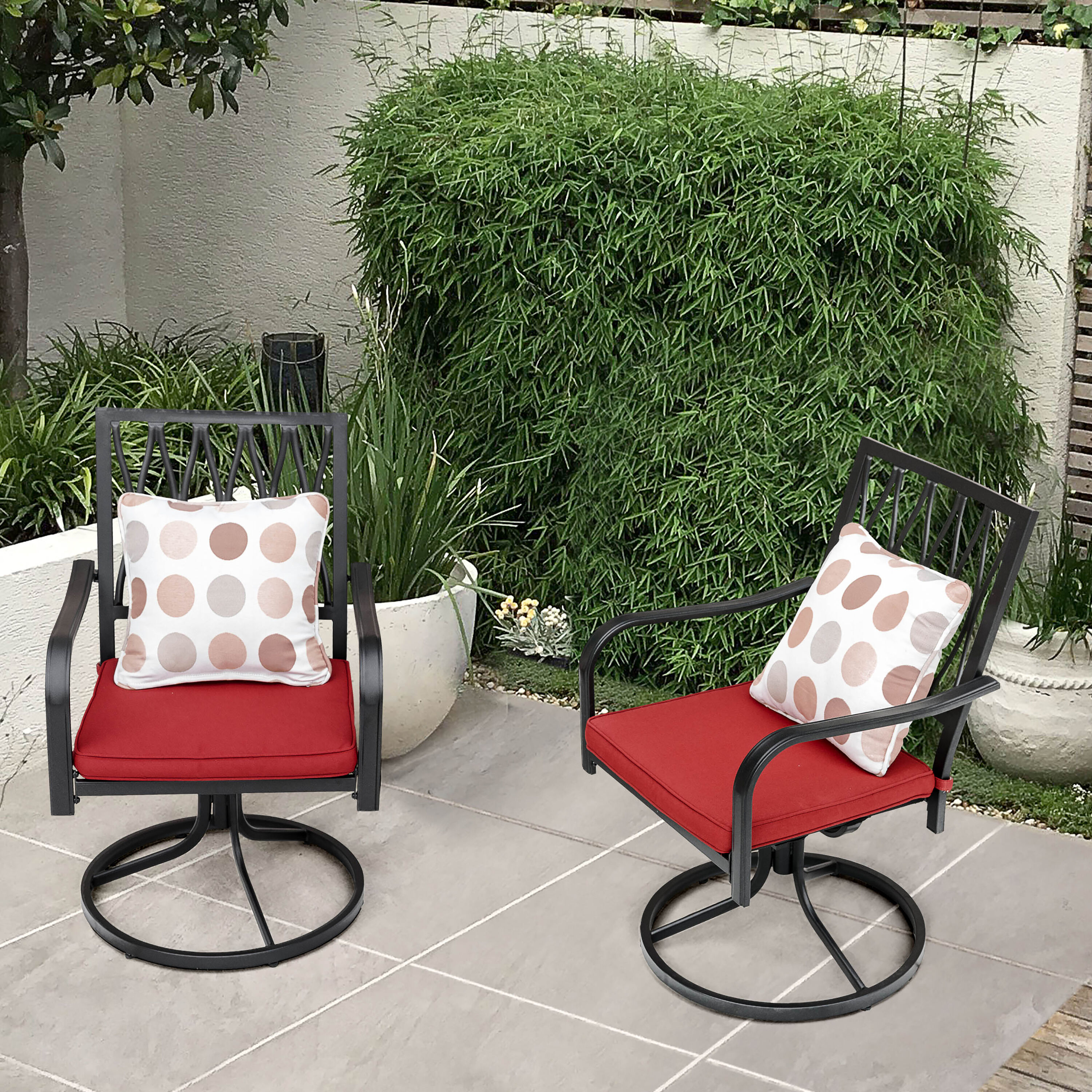 Black and Red Iron Swivel Dining Chairs with Cushions, Set of 2