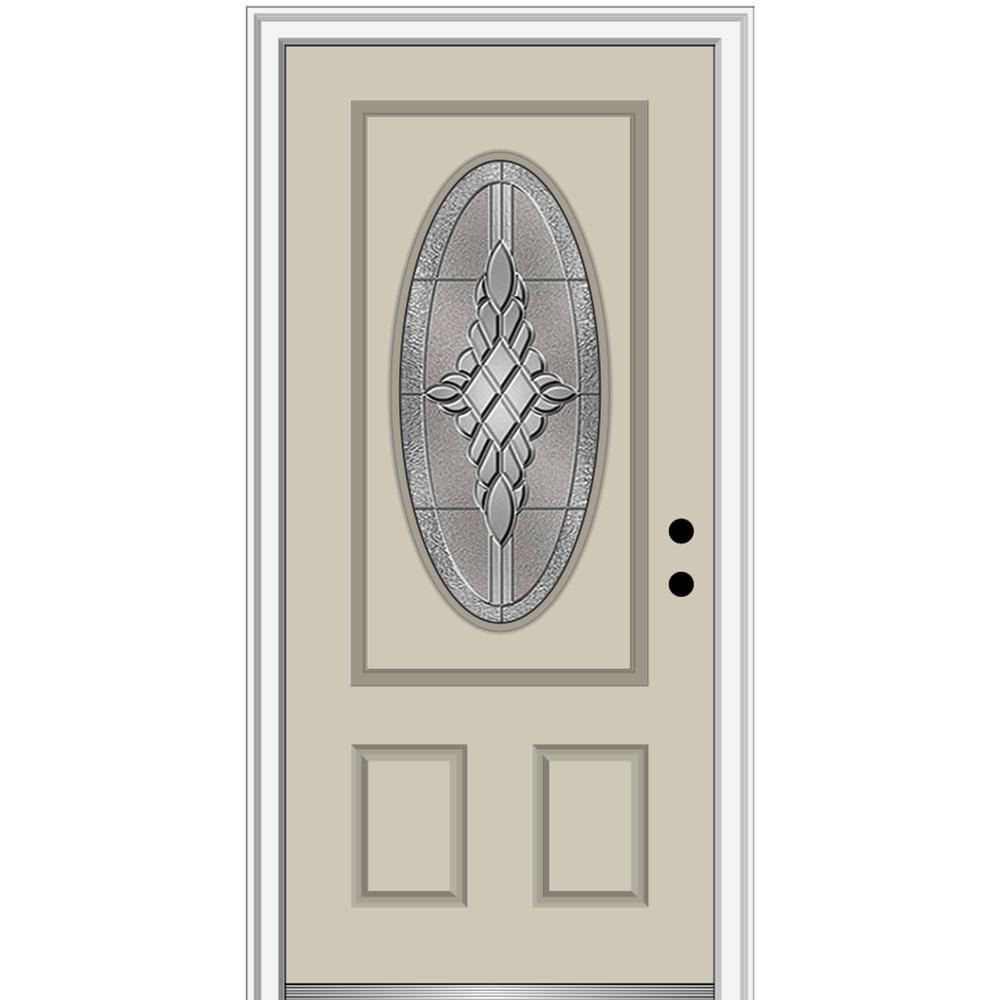 MMI DOOR ZZ3667759L 36-in x 80-in x 6-9/16-in Fiberglass Oval lite Left-hand inswing Wicker Painted Prehung Front Door with Brickmould Insulating core