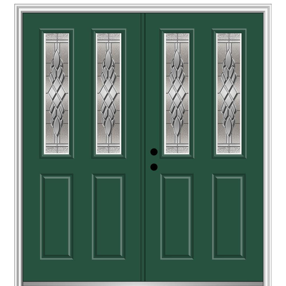 MMI DOOR ZZ366275R 60-in x 80-in x 6-9/16-in Fiberglass Twin lite Right-hand inswing Hunter Green Painted Prehung Double Front Door with Brickmould Insulating core