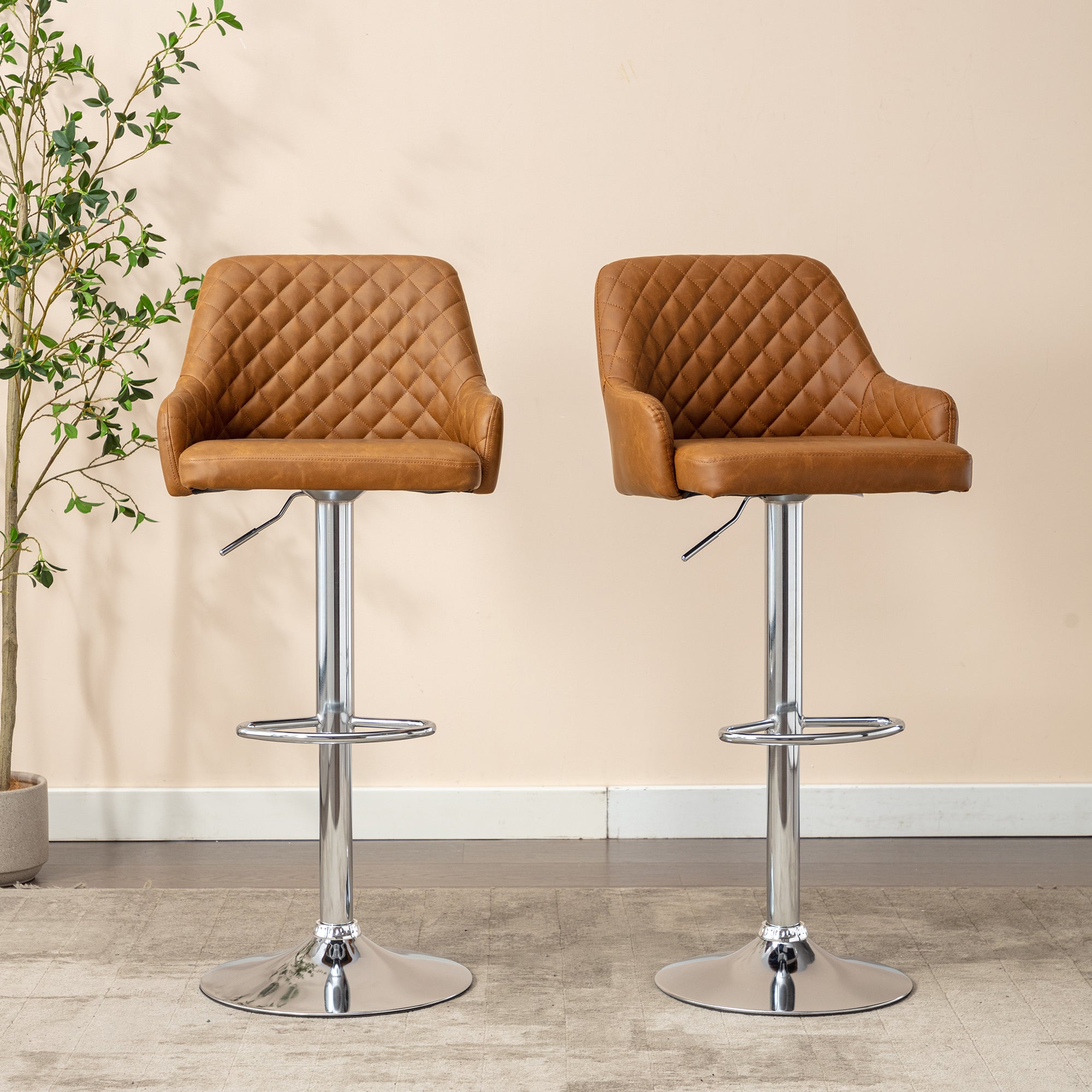 Vecelo LOE-C09-BRN Swivel Upholstered Adjustable Height Counter Stool with Metal Frame Bar Stools Set of 2