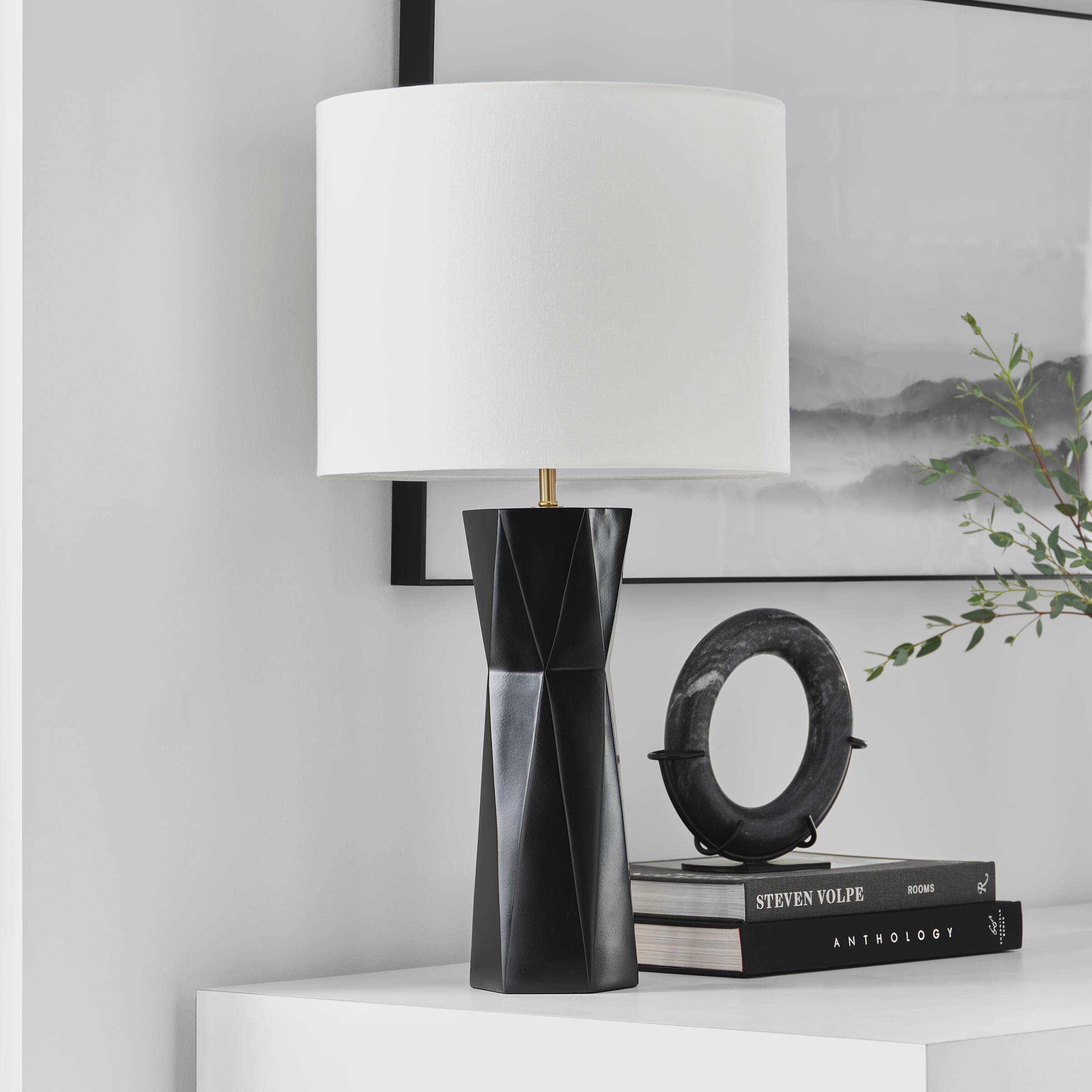 Gloss Black Resin Table Lamp with White Linen Shade