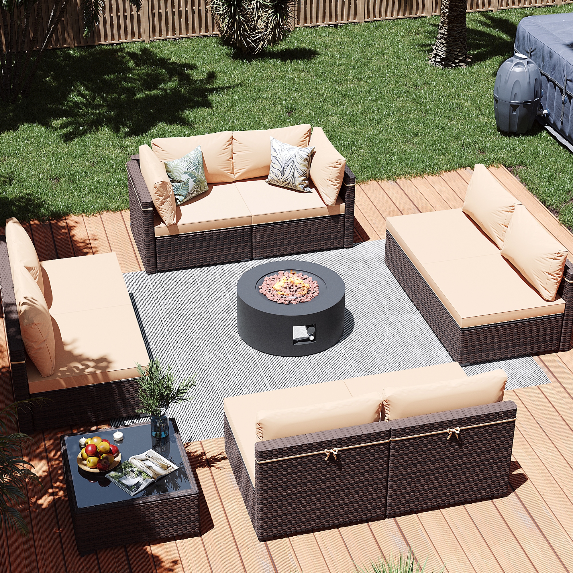 Patio Watcher LS-RT9-28TPDK-B1 10 -Piece Rattan Patio Conversation Set with Beige Cushions