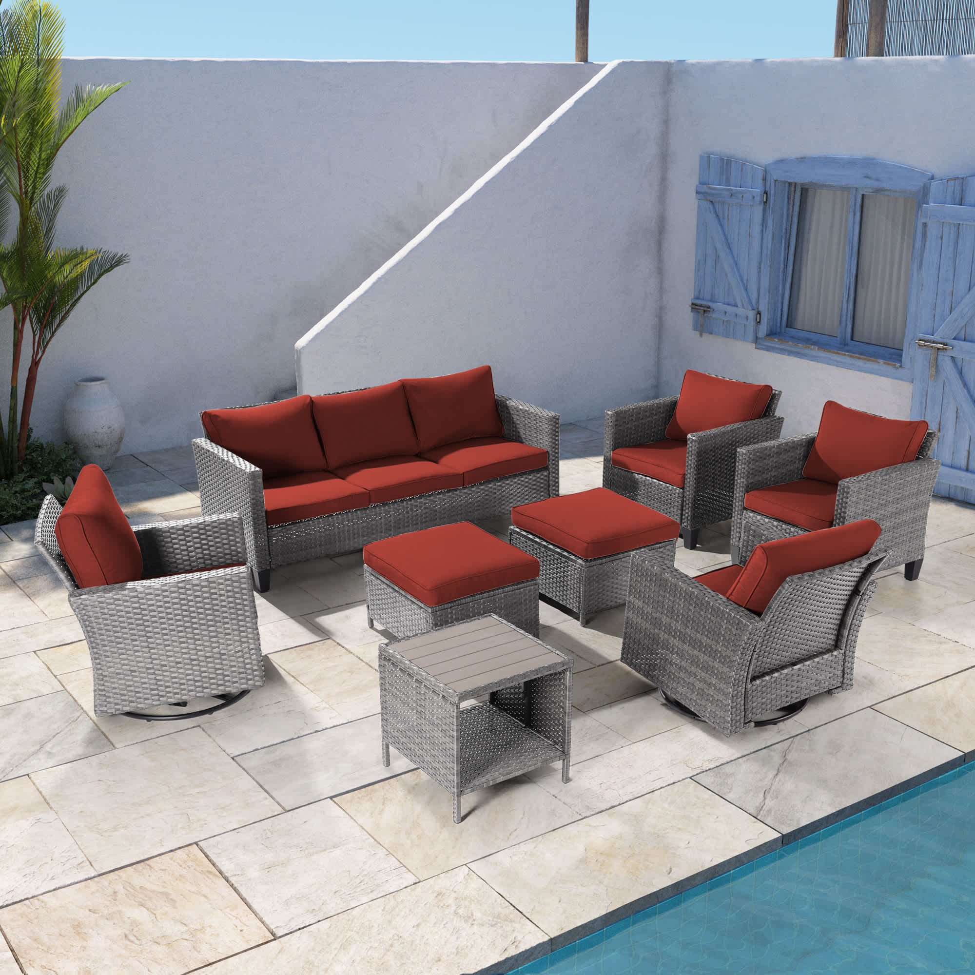 Aok Garden LWP-115HOG-S2T5 8 Pieces Wicker Patio Conversation Set with Fire Table and Burgundy Cushions