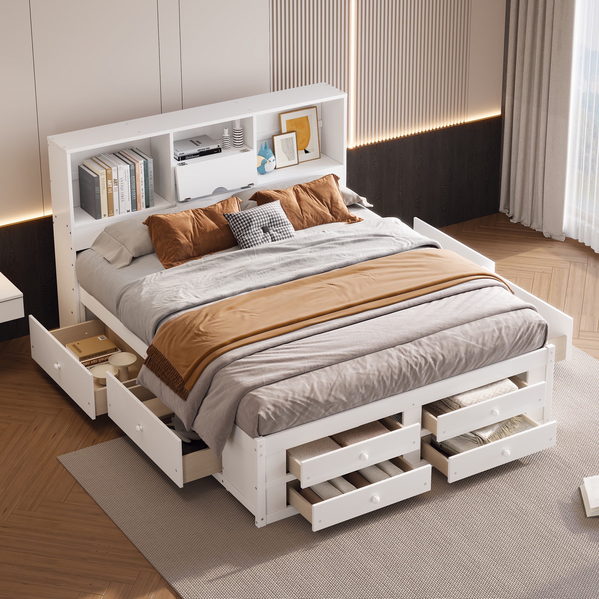 ModernLuxe GX000454AAK King Size Platform Bed with Storage Headboard and 8 Drawers White