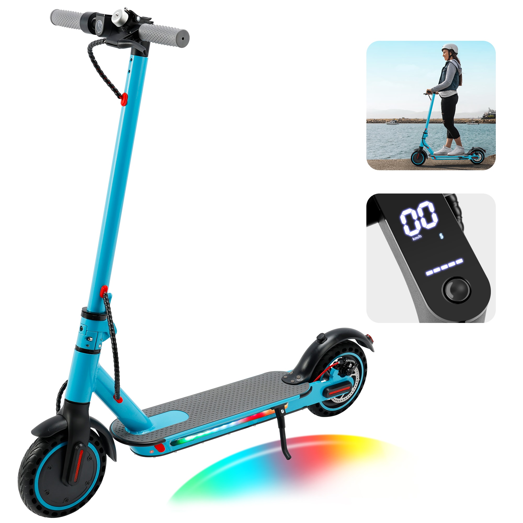Topteng G056-001-BLUE The 8.5-inch folding electric scooter combines convenience safety and style. Its 350W motor and solid anti-skid tires ensure a smooth ride. with Bluetooth connectivity and an intuitive LCD display it is ideal for commuting or exploring the city