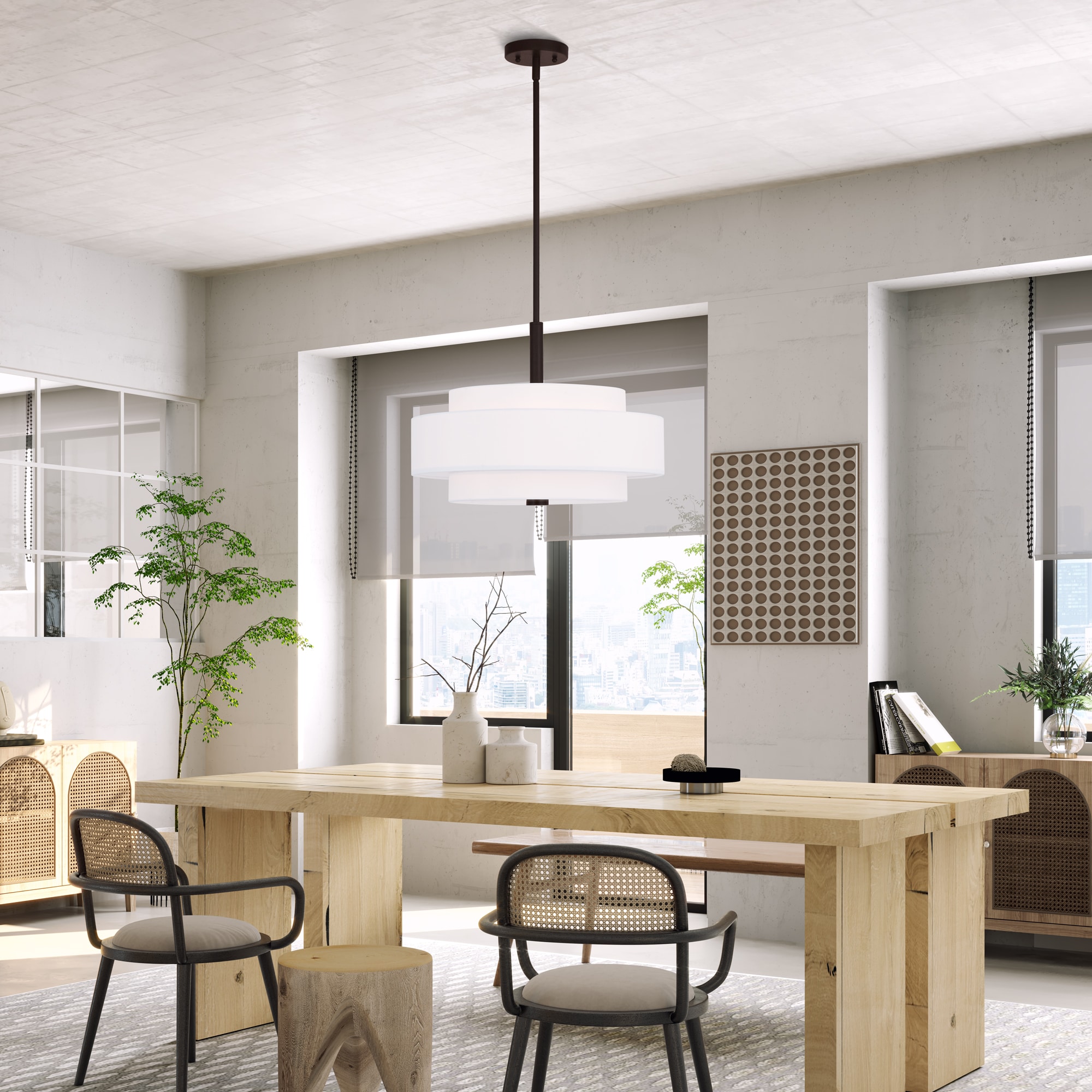 Bronze 4-Light Pendant with Off-White Drum Shade