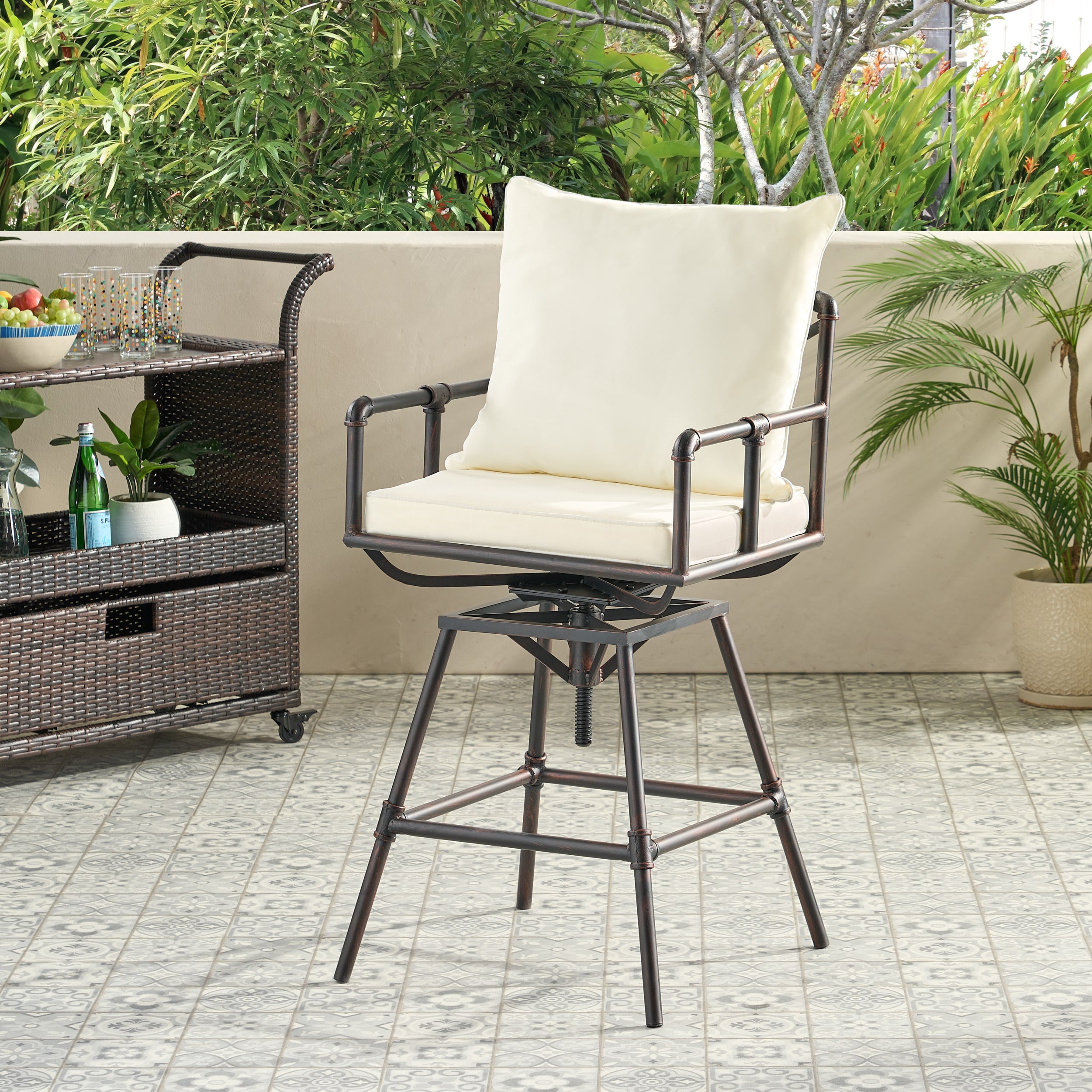 Moda Furnishings MD54036BCOP GIGI Black Iron Frame Swivel Bar Stool Chair with Beige Solid Seat