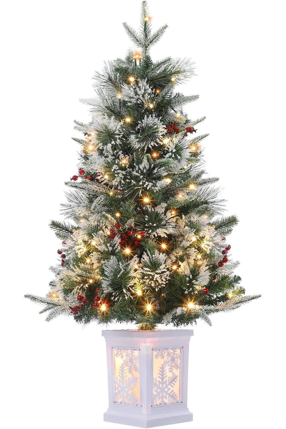 Qeetex 3 Feet Tall Battery 8 Mode Powered Control and Timer Artificial Christmas Tree with 78 LED Lights and Snowflake Base for Home and Office Decoration