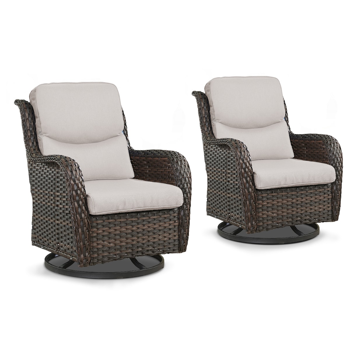 Rilyson FSXL023-2 Smiley Set of 2 Wicker Brown Wicker Frame Swivel glider Conversation Chair with Brown Beige Cushioned Seat