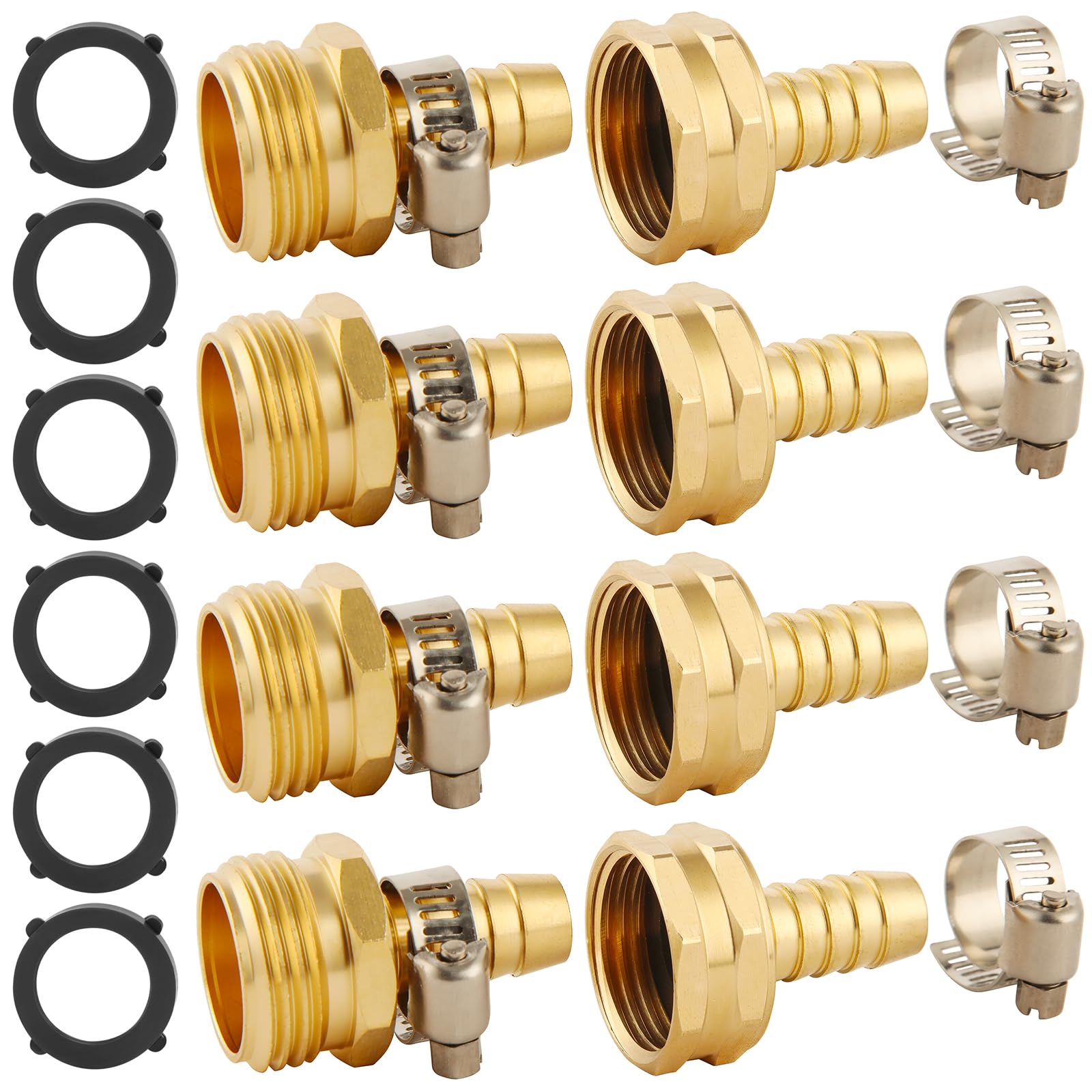 Justincity - 4 Set Brass Garden Hose Repair Connector Kit with Clamps Fit for 1/2 in Garden Hose...