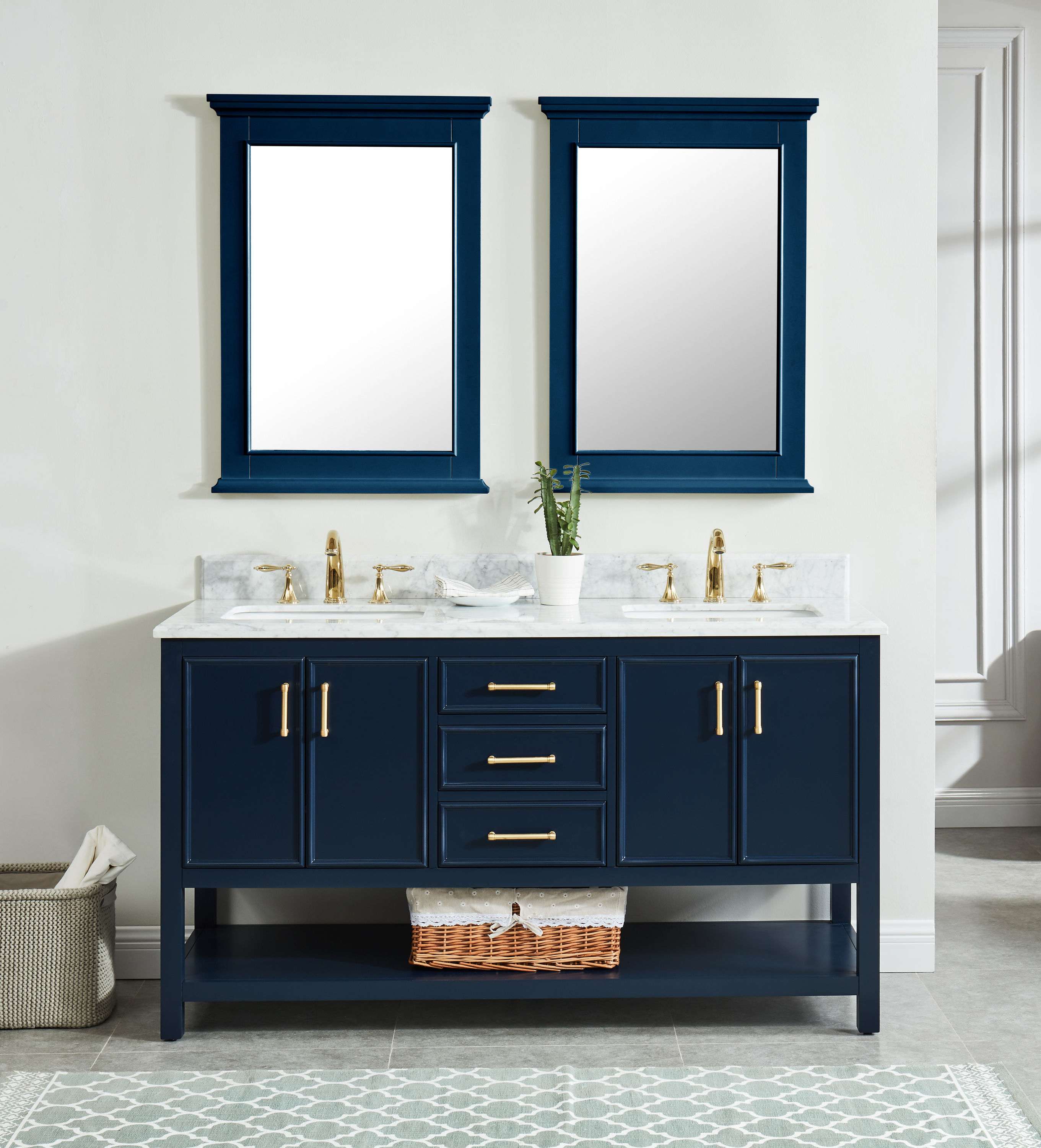 Allen Roth Presnell 60 In Navy Blue Undermount Double Sink Bathroom Vanity With Carrara White Natural Marble Top In The Bathroom Vanities With Tops Department At Lowes Com