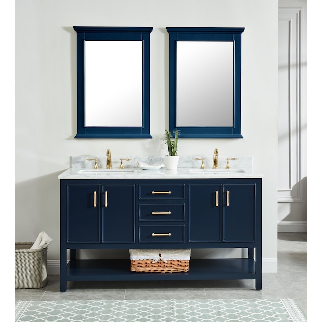 Allen Roth Presnell 61 In Navy Blue Undermount Double Sink Bathroom Vanity With Carrara White Natural Marble Top, Can A Double Vanity Share Drain