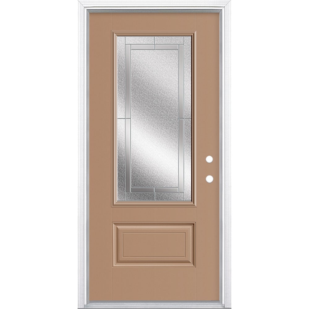 Masonite 3419887 Focus 36-in x 80-in x 4-9/16-in Fiberglass Full lite Left-hand inswing Warm Wheat Painted Prehung Single door Front Door with Brickmould Insulating core Decorative glass