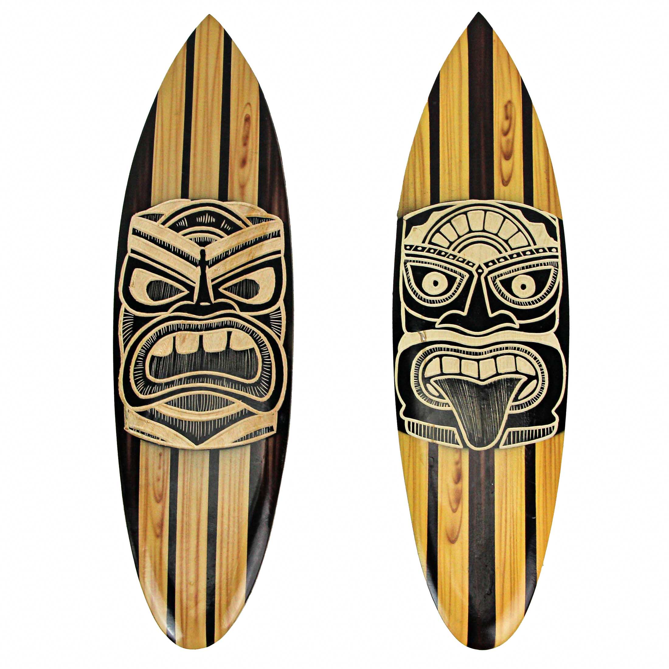 Zeckos ZKO-99240 Set of 2 Hand-Crafted Black and White Tiki Mask Etched Wood Surfboard Decorative Wall Hangings - 20 Inches High - Perfect for Seaside Serenity in Your Home