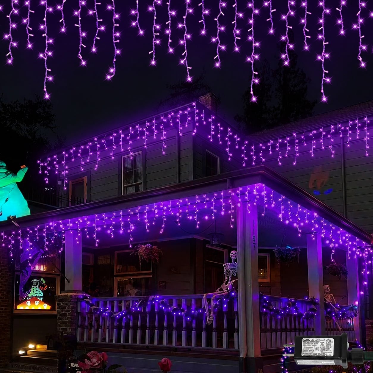 Phewnyzo  Purple Icicle Christmas Lights 33ft 400 LED Indoor Outdoor String Light Clear Wire Connectable 8 Lighting Modes Timer Waterproof