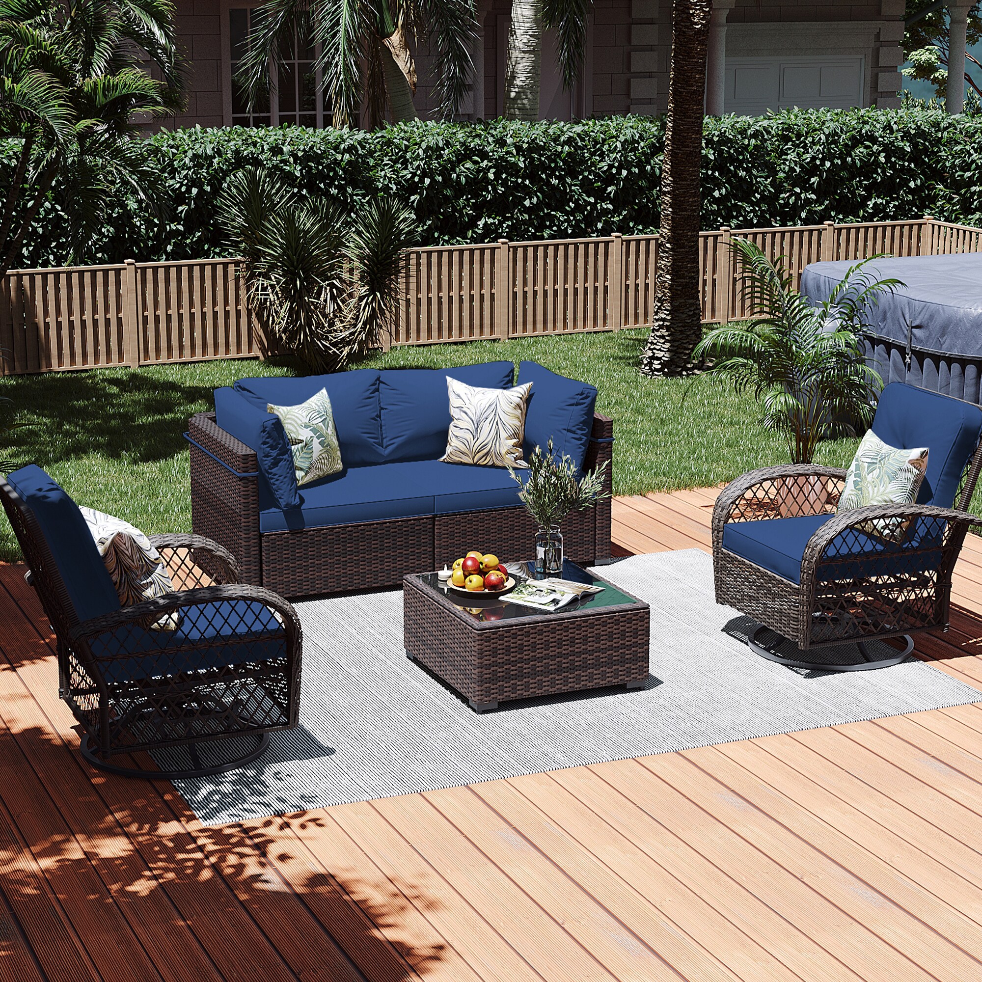 Patio Watcher LS-Z-Y9-B2 5 -Piece Rattan Patio Conversation Set with Blue Cushions