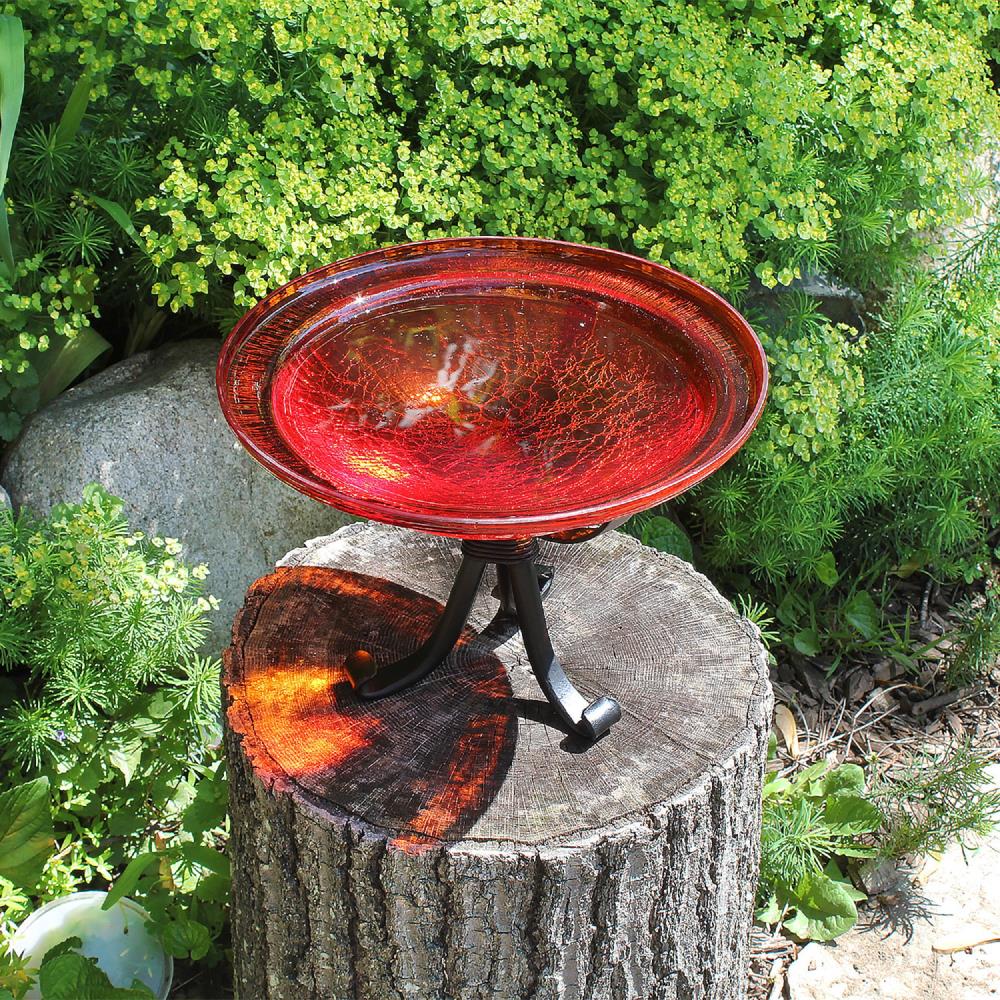 Red Hand Blown Crackle Glass Birdbath with Wrought Iron Stand