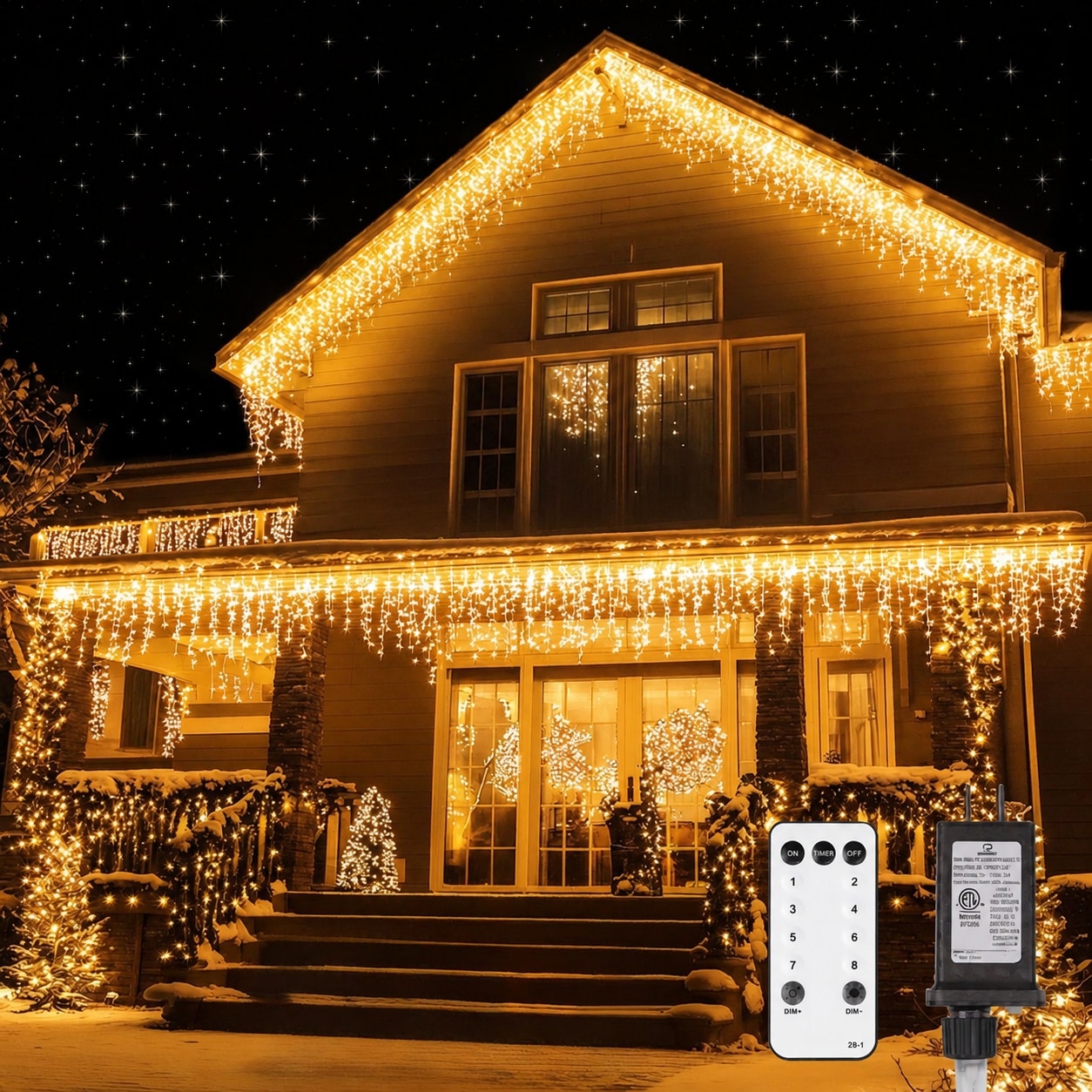 Vrbgify  Icicle LED Christmas Lights Outdoor 624 LED 59FT 8 Modes Warm White Curtain String Lights with Remote Timer for Indoor Outdoor Holiday