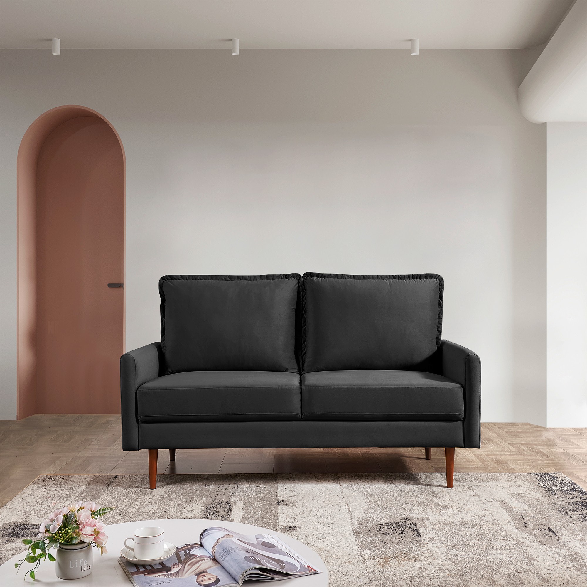 57-Inch Black Velvet Loveseat with Wood Legs