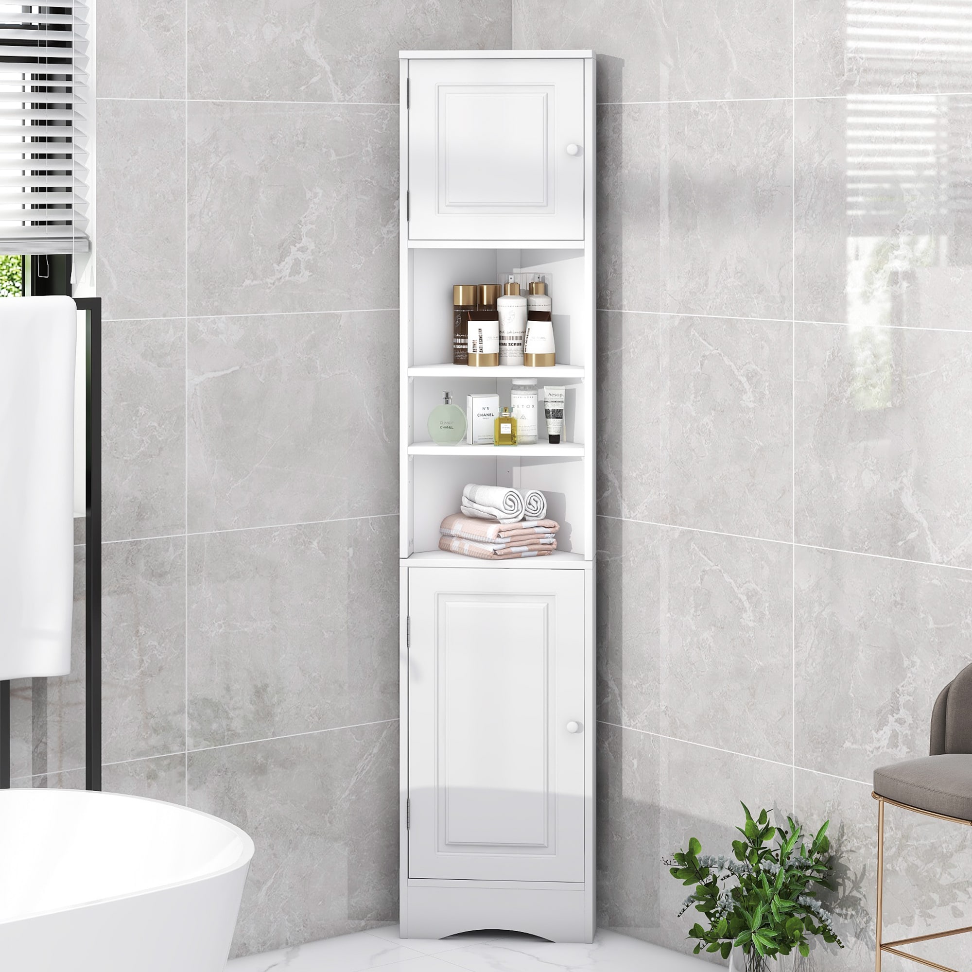 GDFStudio 329647 Multi Functional Corner Cabinet Tall Bathroom Storage Cabinet with Two Doors and Adjustable Shelves Open Shelf White