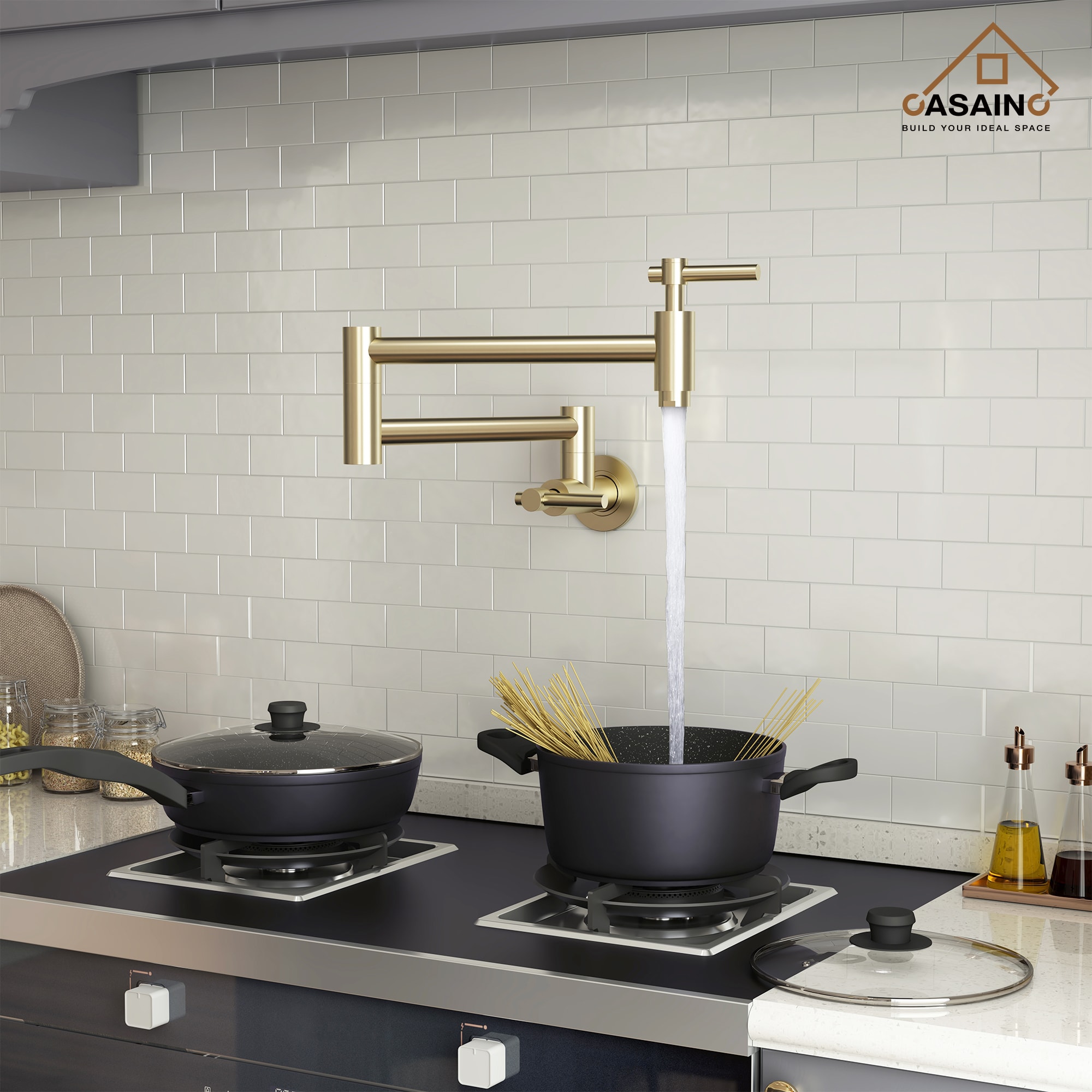 CASAINC CASA02GP25BN Brushed Gold Double Handle Wall-mount Pot Filler Kitchen Faucet