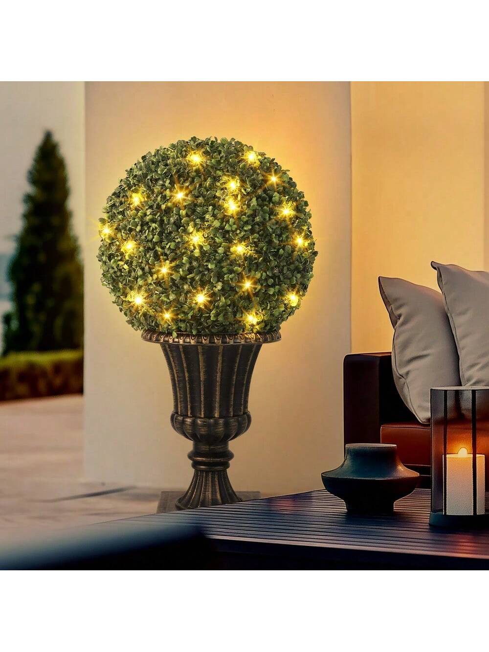 Qeetex PHO-16IC9MPR-HF4 Gold 16Inchartificial Plant Topiary Ball-Pre Lit Artificial Topiary Plant With Lights-Timer And Remote Control-Artificial Outdoor Porch Trees With Light Base For Outdoor Indoor