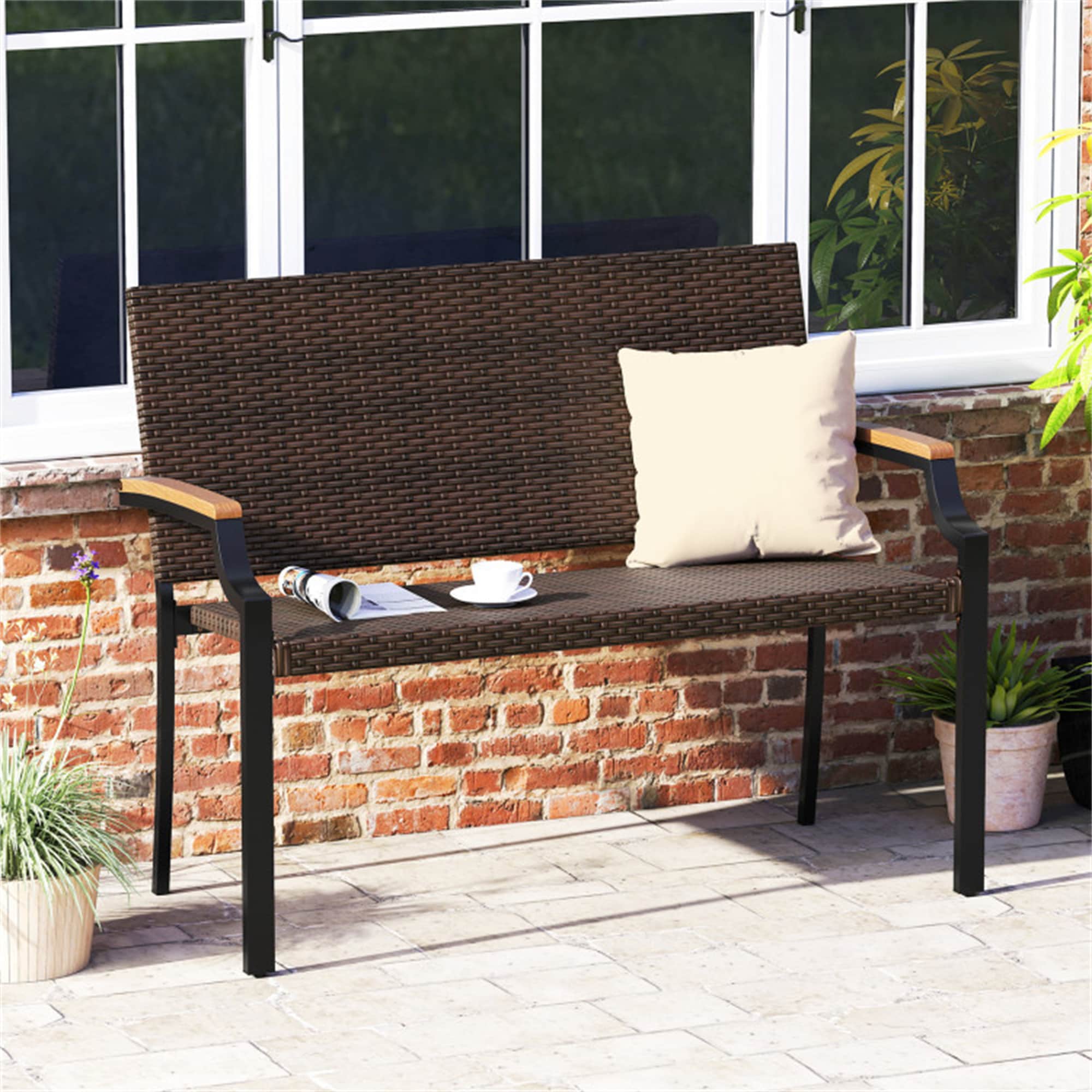 BABOOM BOM-908GR-2-CO Patio Wicker Loveseat Chair 45-in W x 34.5-in H Mix Brown Rattan Steel Love seat Bench