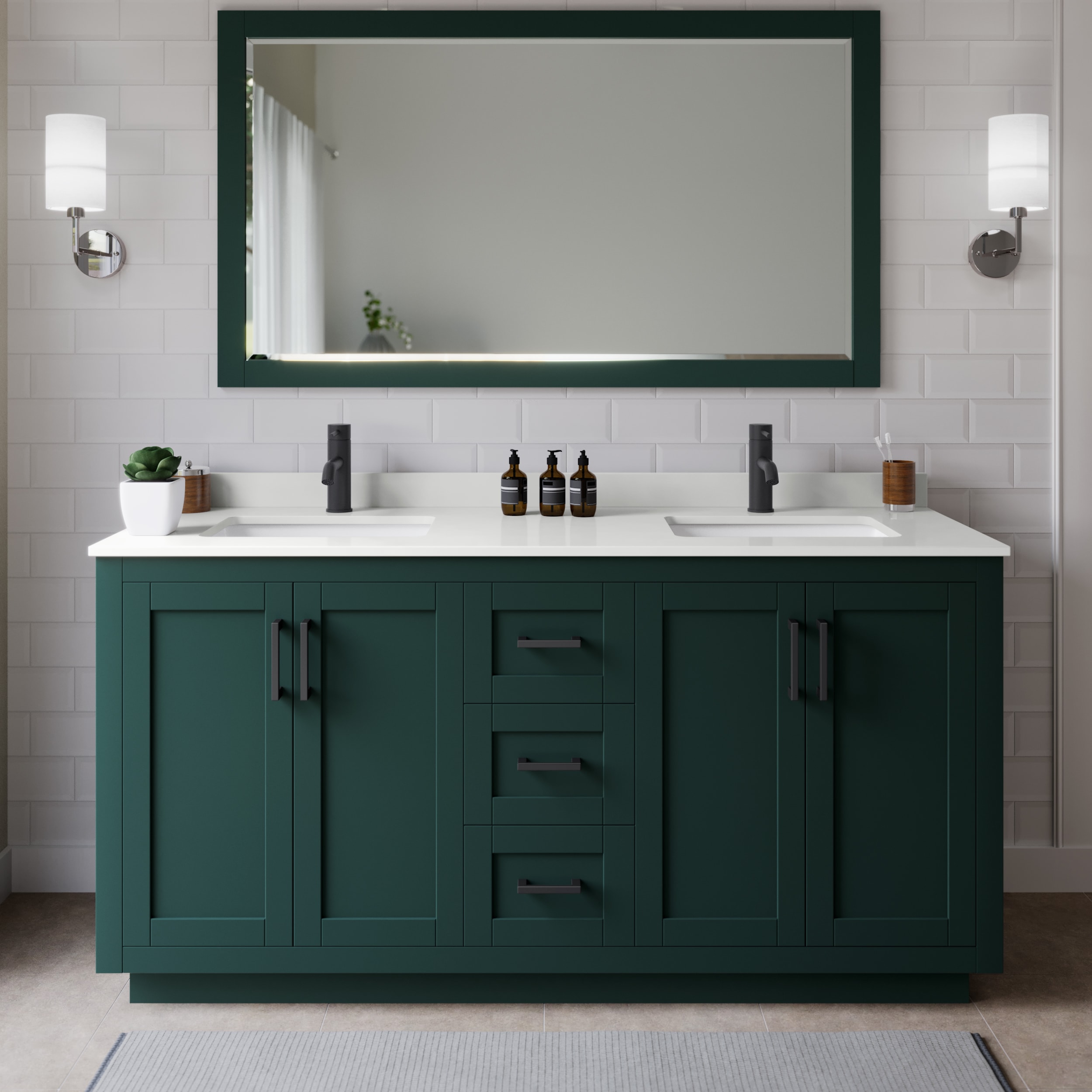 Wyndham Collection WCF292966DGKWQUNSMXX Miranda 66-in Green Undermount Double Sink Bathroom Vanity with White Quartz Top