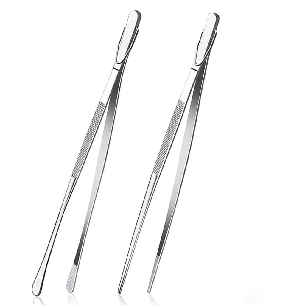 Aoibox  2 Pack 12 in Stainless Steel Dual Tip Cooking Tweezers with Hook Serrated Tongs for BBQ and Plating