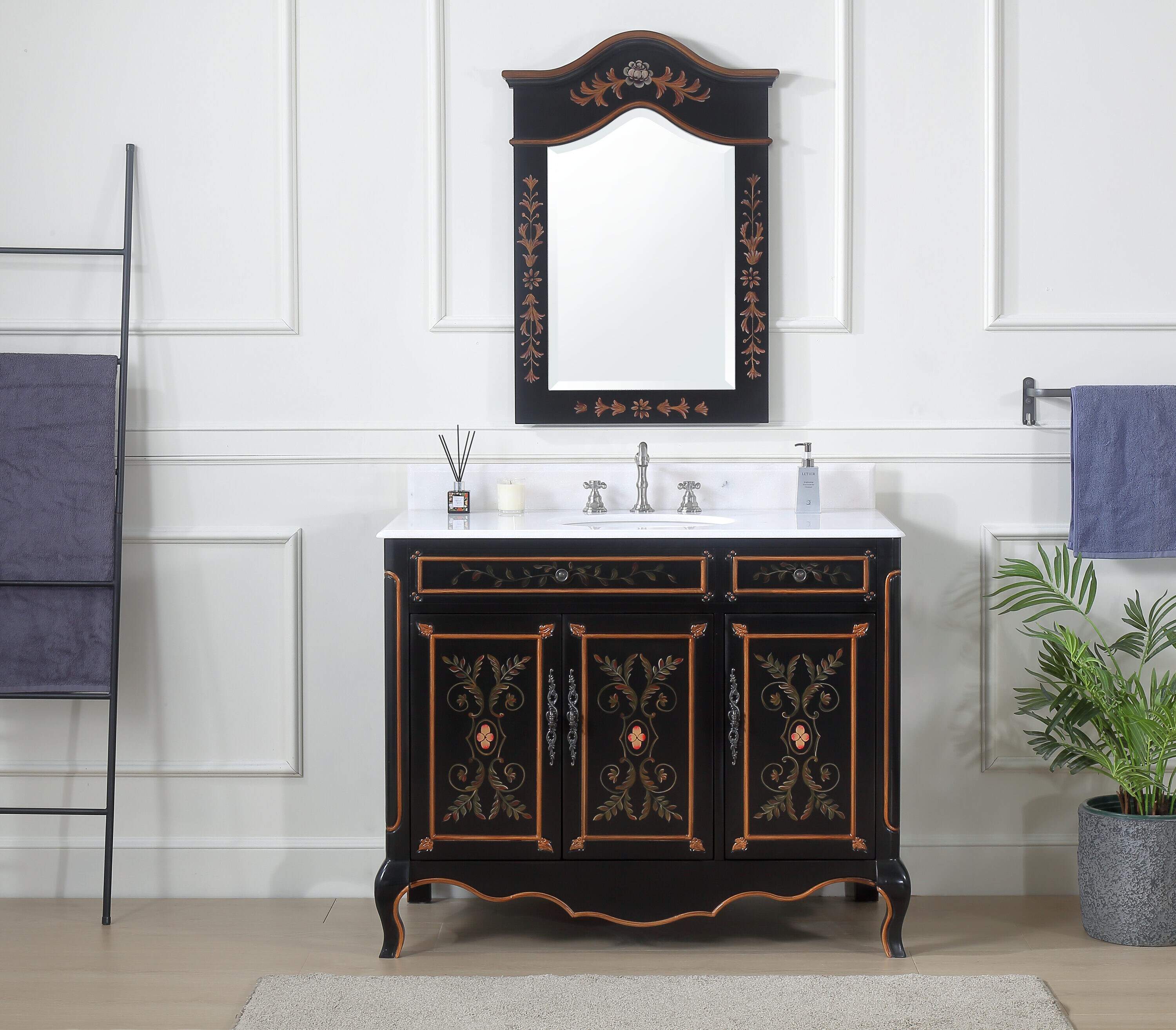 英国製 黒壺  MIRABELLE可憐な花柄カバードベジタブル Benton Collection 42 inch Black Hand-Painted Floral Decoroso Side