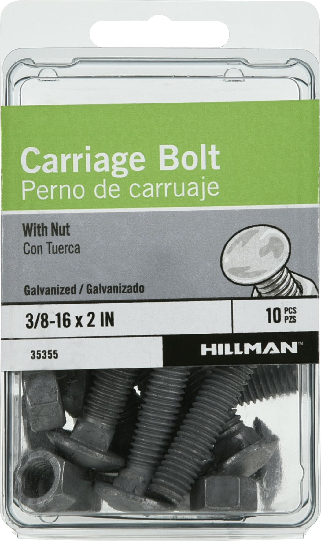 Hillman 3/8-in x 2-in Galvanized Coarse Thread Exterior Carriage Bolt  (10-Count) in the Carriage Bolts department at
