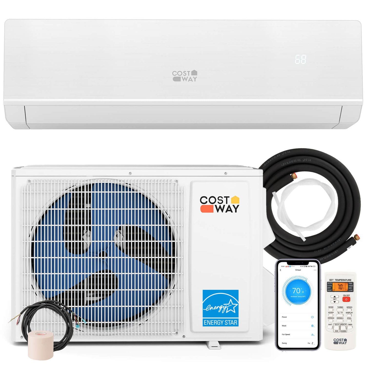Costway CSHY002034 24000 BTU Mini Split Air Conditioner Heater with 2 Ton Heat Pump Installation Kit