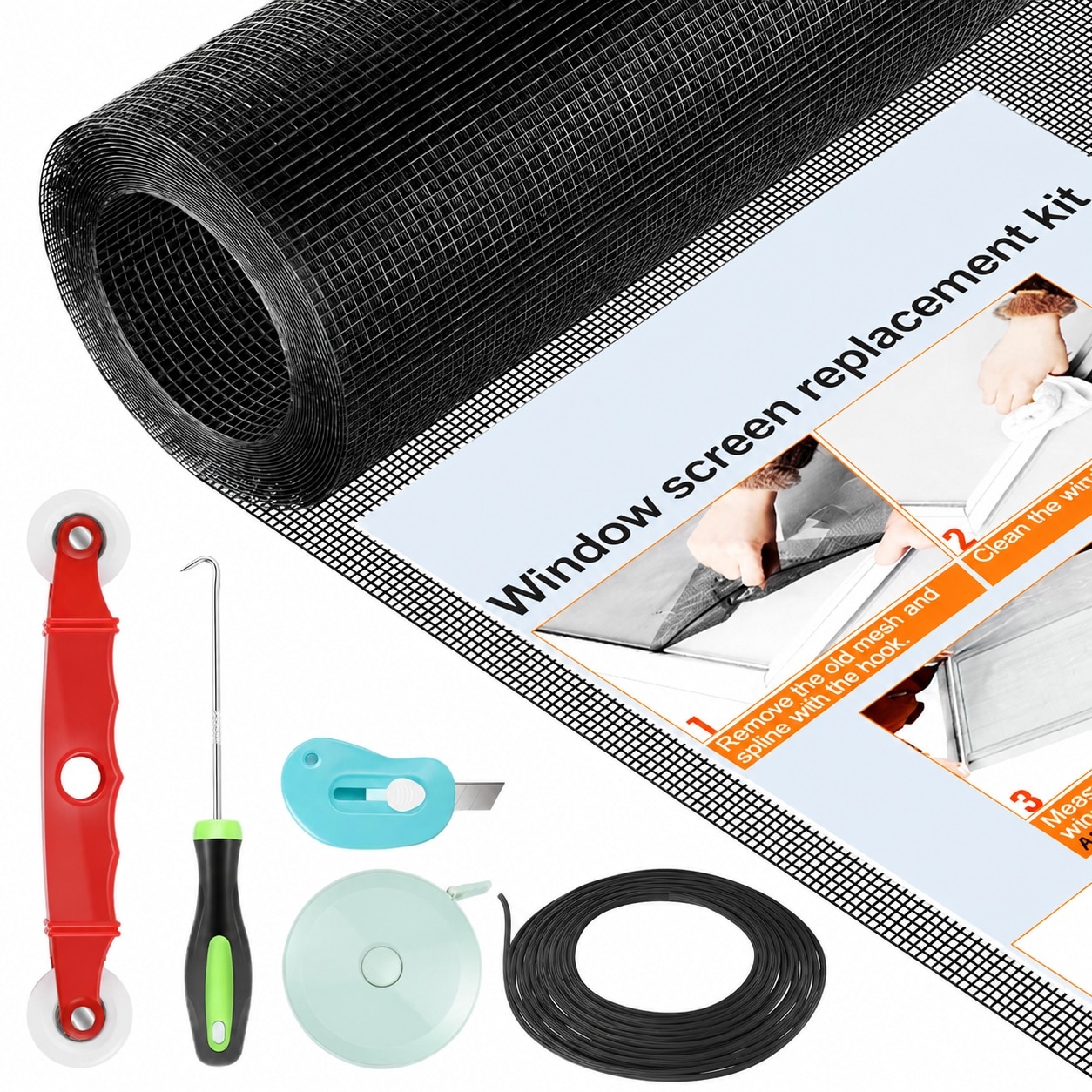 Phyfalip  Window Screen Door Repair Kit 48 by 177 Fiberglass Mesh Roll with Tools for Windows Doors Patio and Porch Replacement Black