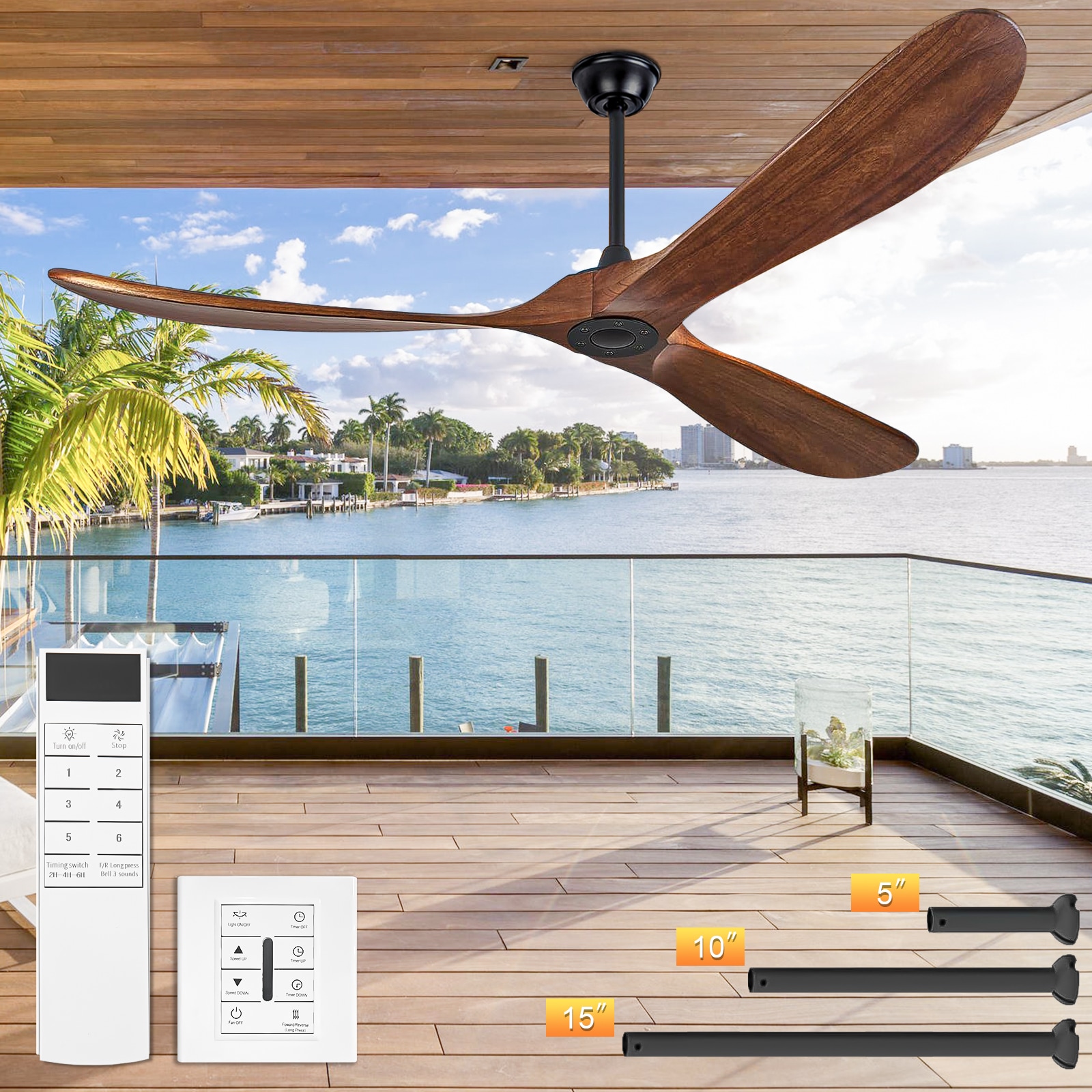 Huluwat 72 Inch Large Ceiling Fan with Natural Wood Blades Remote and Wall Control Reversible DC Motor for Indoor and Covered Outdoor Use