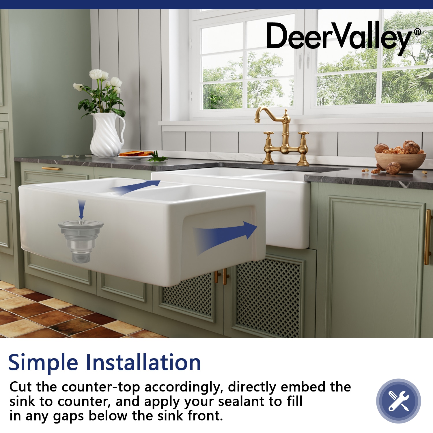 DeerValley 33" White Fireclay Double Bowl Farmhouse Sink