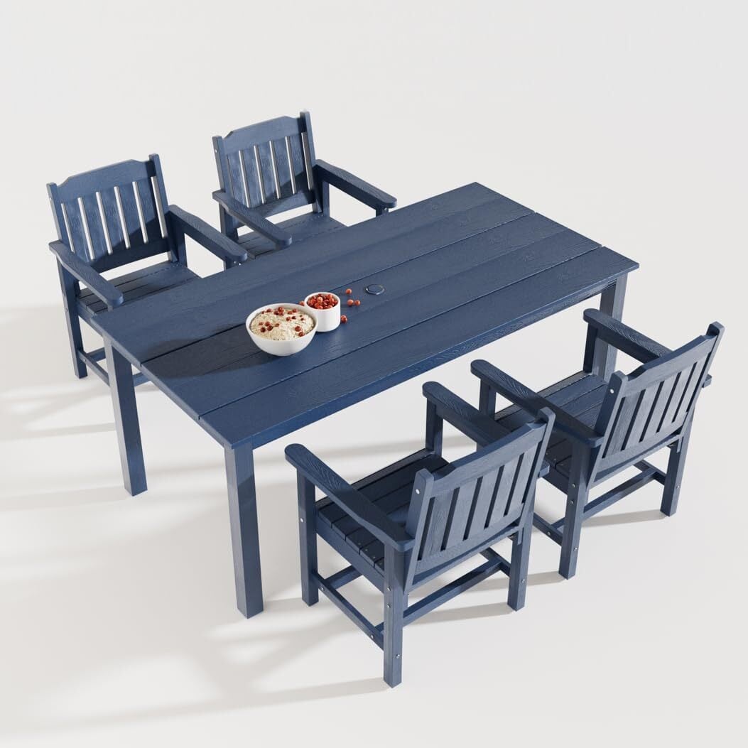 Fortune Candy EX071+2DC004-2 5 Piece Weather Resistant Poly Lumber HIPS Navy Blue Patio Dining Set Includes Outdoor 70.9-Inches Dining Table with Umbrella Hole and Slat Back Chairs