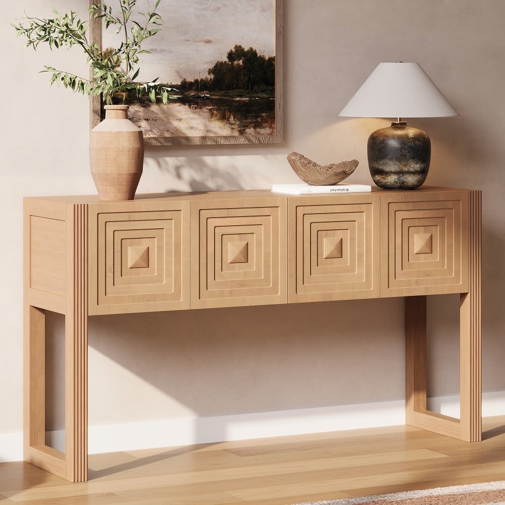 Coolbibila - 55 In Art Deco Light Brown Painted Pine Wood Console Table with 3 Soft Close Drawers...