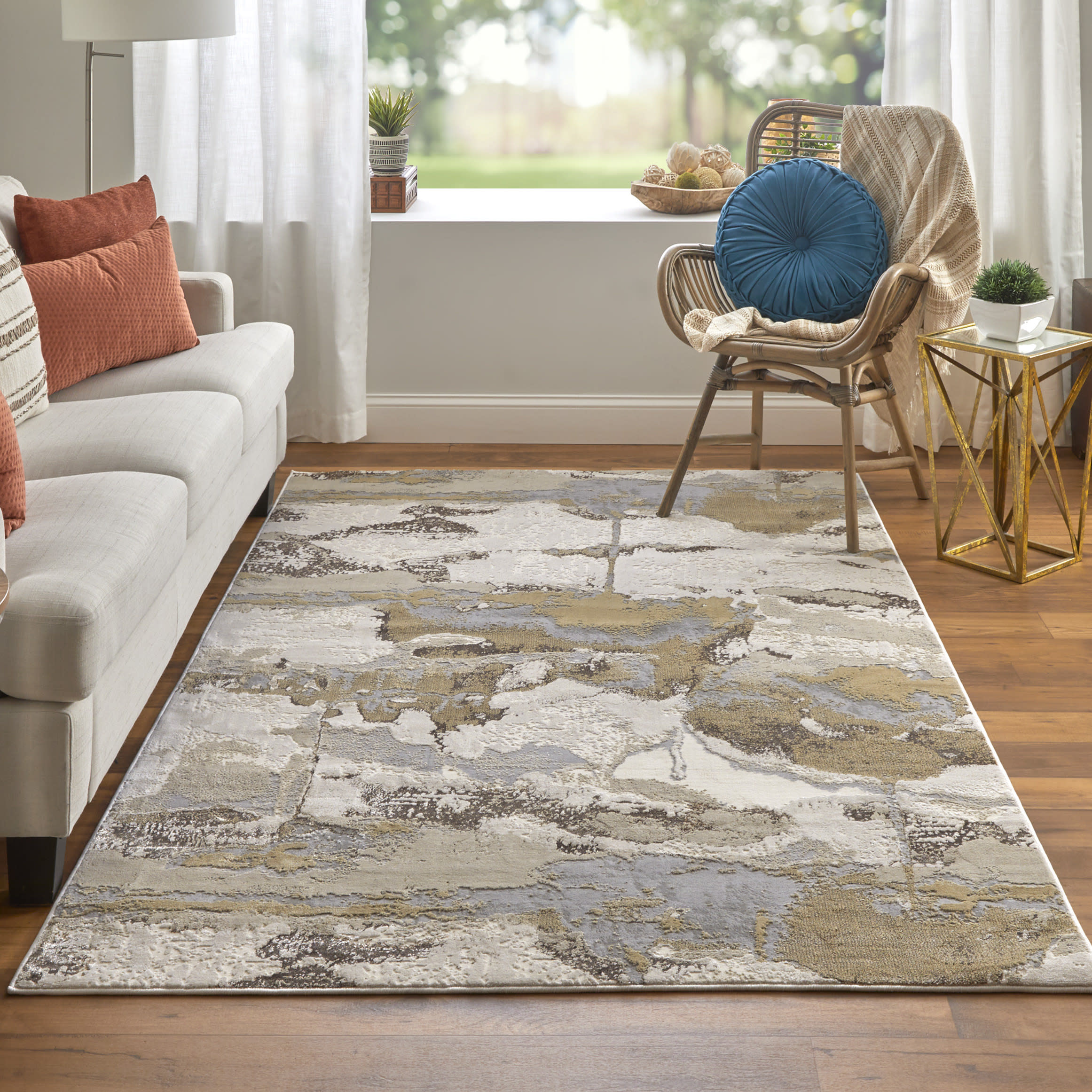 Gray and Gold Abstract 12' x 15' Synthetic Area Rug