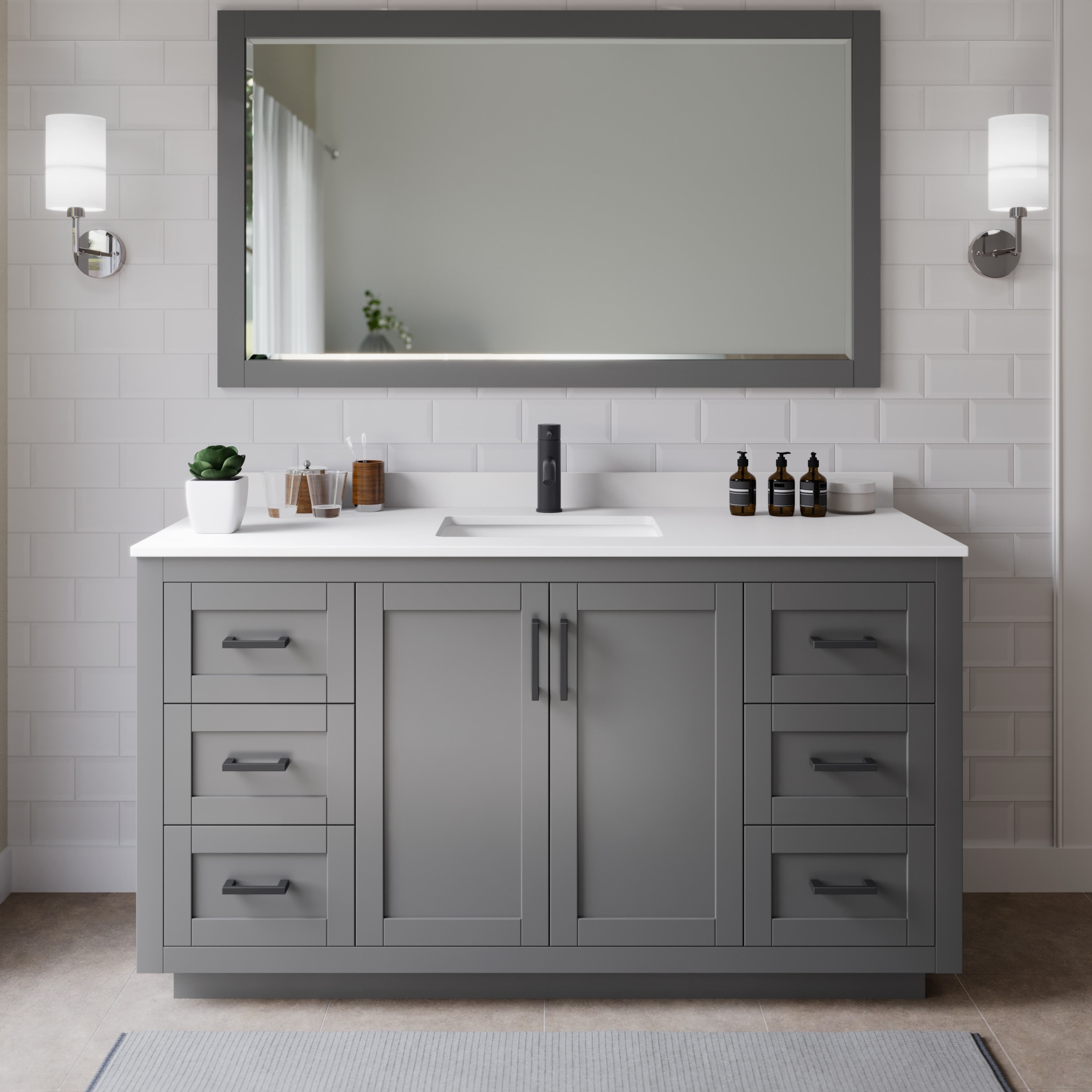 Wyndham Collection WCF292966SGBWCUNSM58 Miranda 66-in Dark Gray with Matte Black Trim Undermount Single sink Bathroom Vanity with White Cultured Marble Cultured marble Top (Mirror Included)