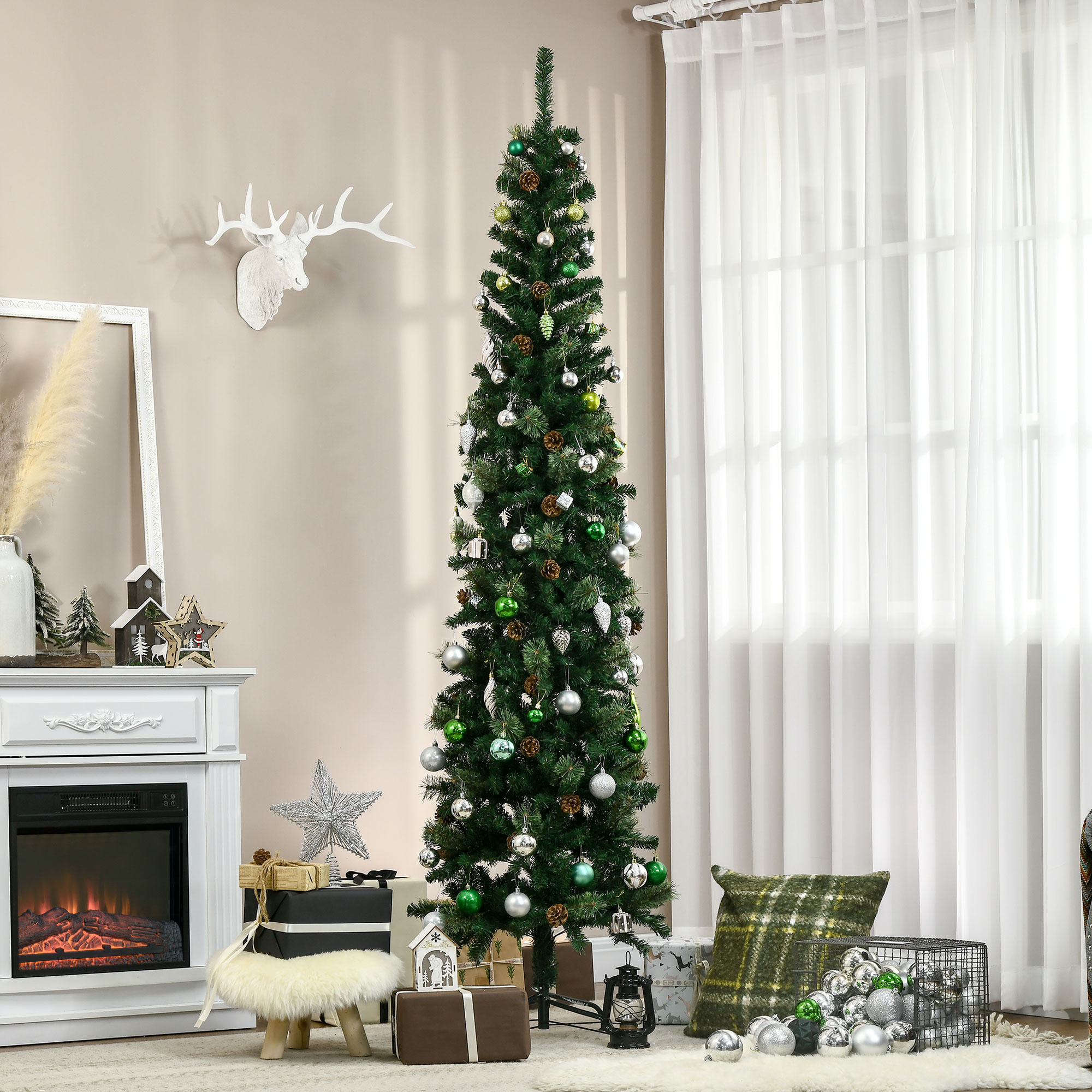 Zyerch 88.5in H Green Slim Pencil Artificial Christmas Tree 706 Tips ...