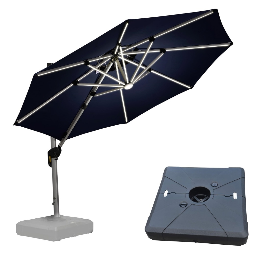 PURPLE LEAF LSGLRRDT10-NBWB 10-ft Aluminum Navy Crank Cantilever Patio Umbrella with Lights and with Base