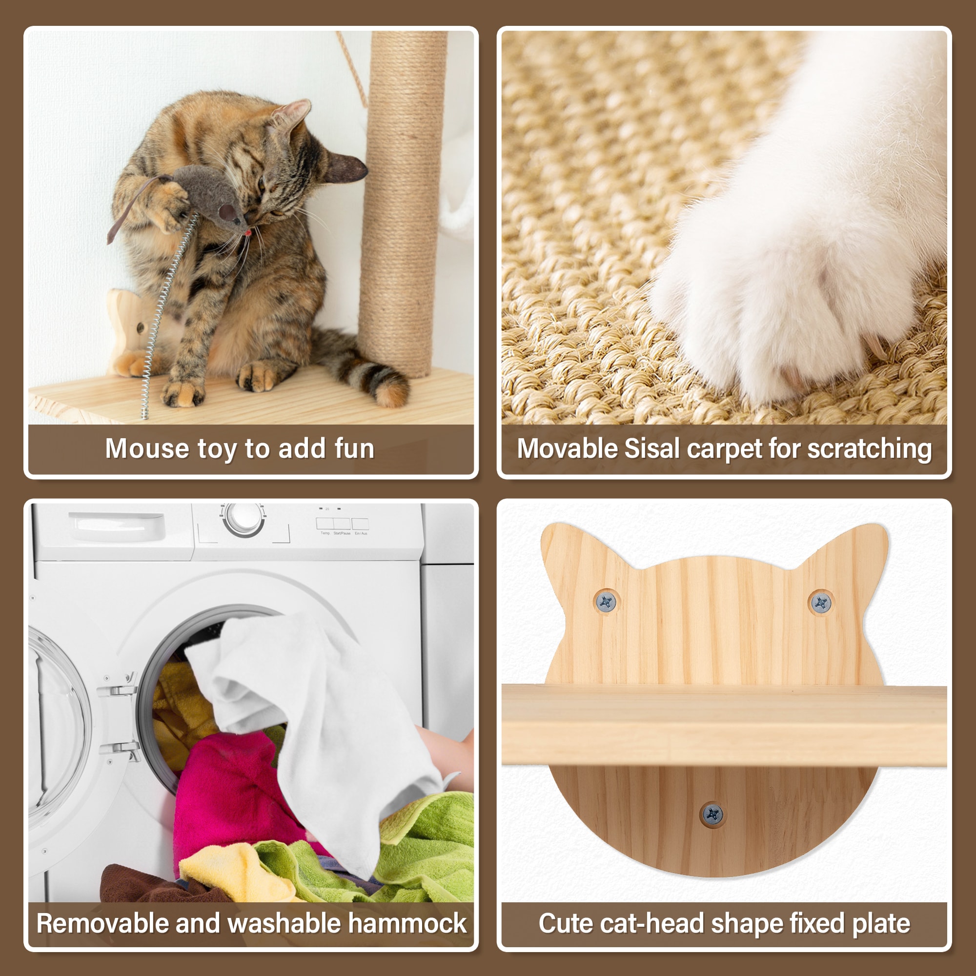 Natural Pinewood Wall-Mounted 4-Tier Cat Tree with Sisal Scratching Post