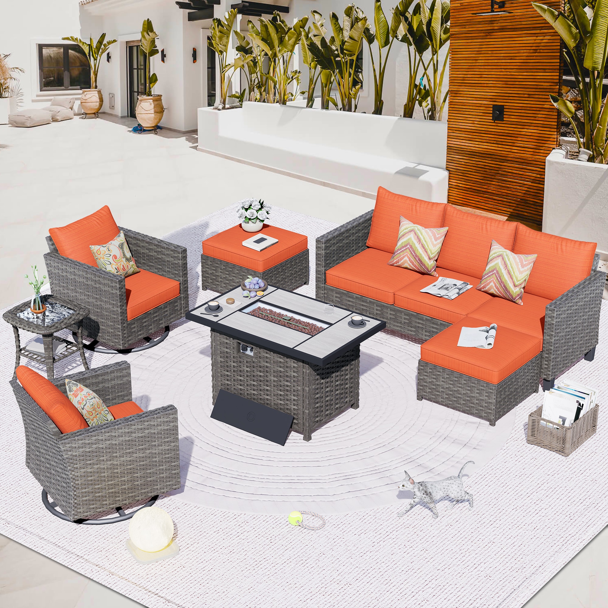 Pouuin SYZGRS805 7 -Piece Wicker Patio Sofa Conversation Set with Orange Cushions