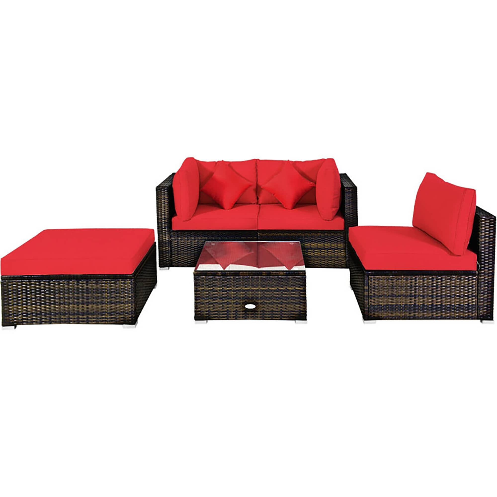 CASAINC TR-SH000101AAE Patio Rattan Furniture Set 5-Piece Wicker Patio Conversation Set with Red Cushions