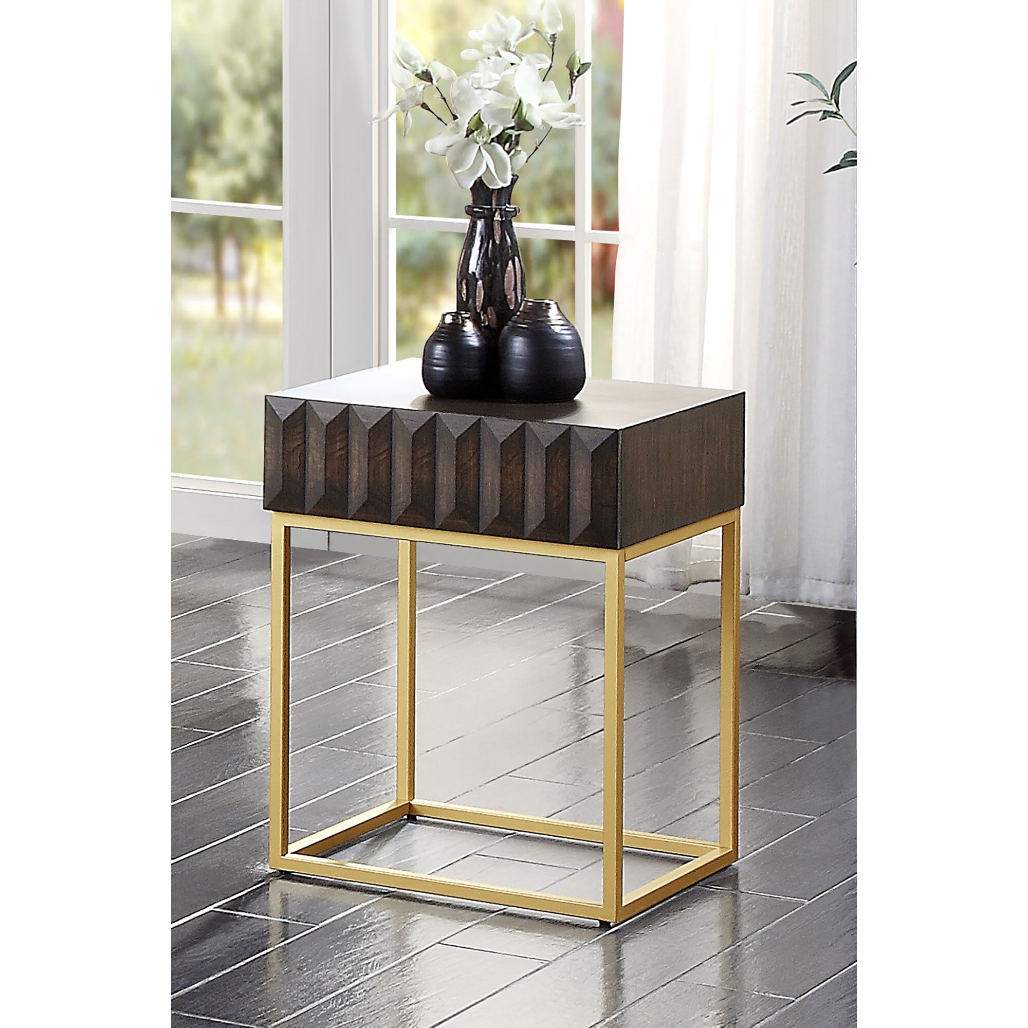 Furniture of America IDF-4545WN-ST Whites Ferry 19-in W x 24-in H Walnut and Gold Composite Modern End Table with Storage Assembly Required