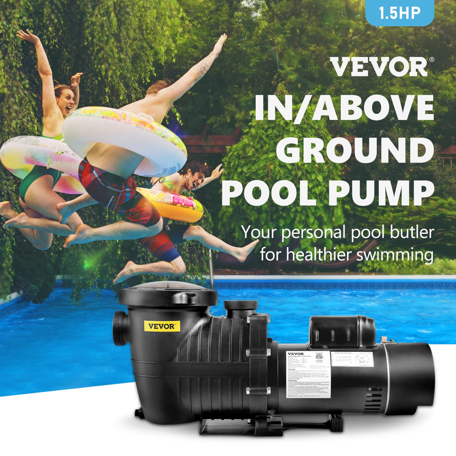 Vidapool 1.5 HP Pool Pump with timer, 7350GPH, 220V, 2 Interfaces, Powerful  In/Above Ground Self Primming Swimming Pool Pumps with Filter Basket