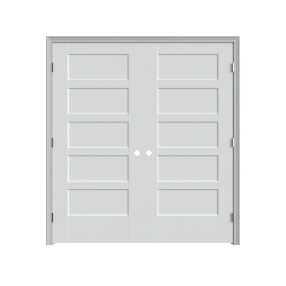 Masonite 640808 72-in x 80-in Primed Hollow core 5-panel square Bi-parting Smooth Primed Molded composite Flat Jamb Double Prehung Interior Door