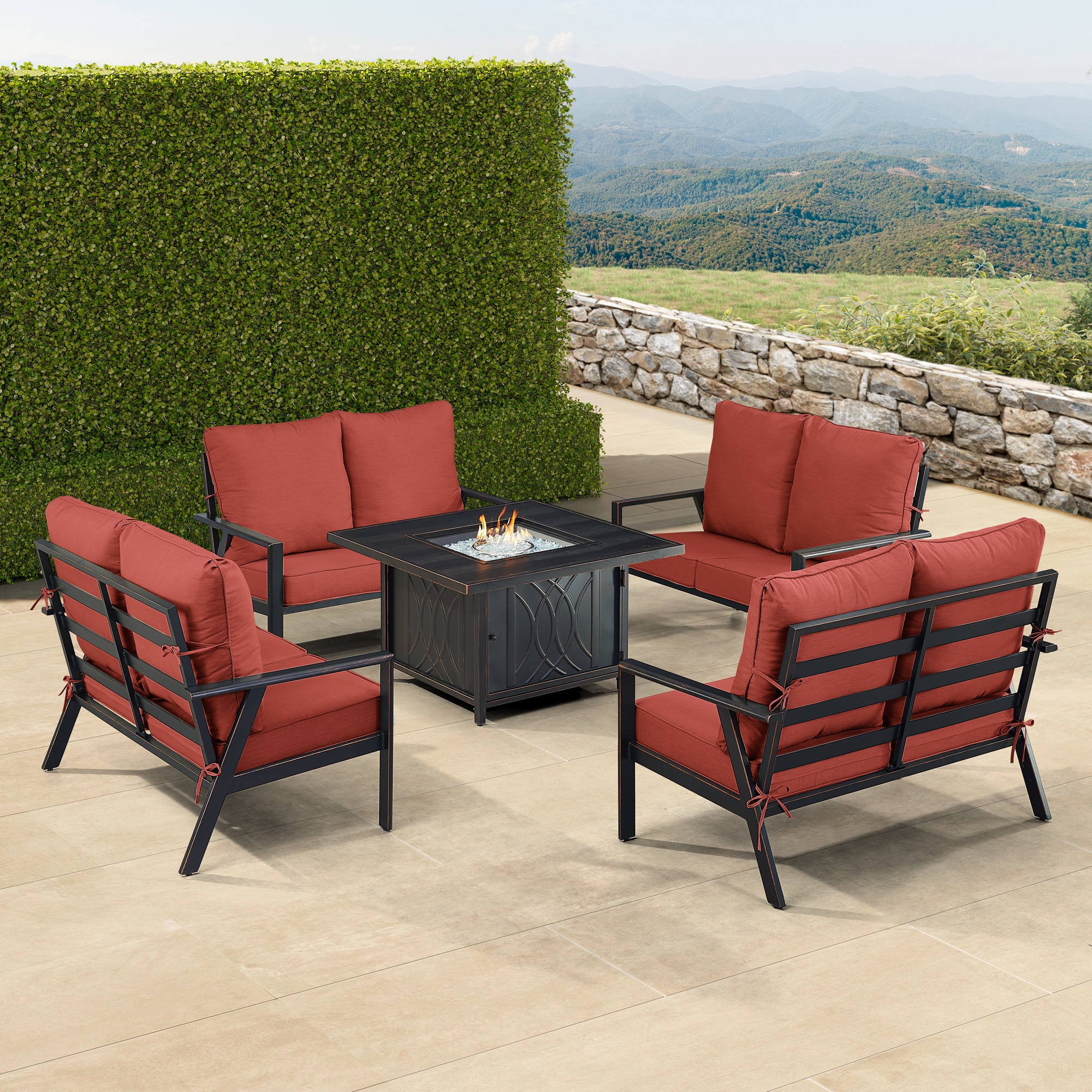 Oakland Living LUX4LSCAVERDCUA Fire Pit Table Set, Four Loveseats and Wind Guard 22-Piece Patio Conversation Set with Red Cushions
